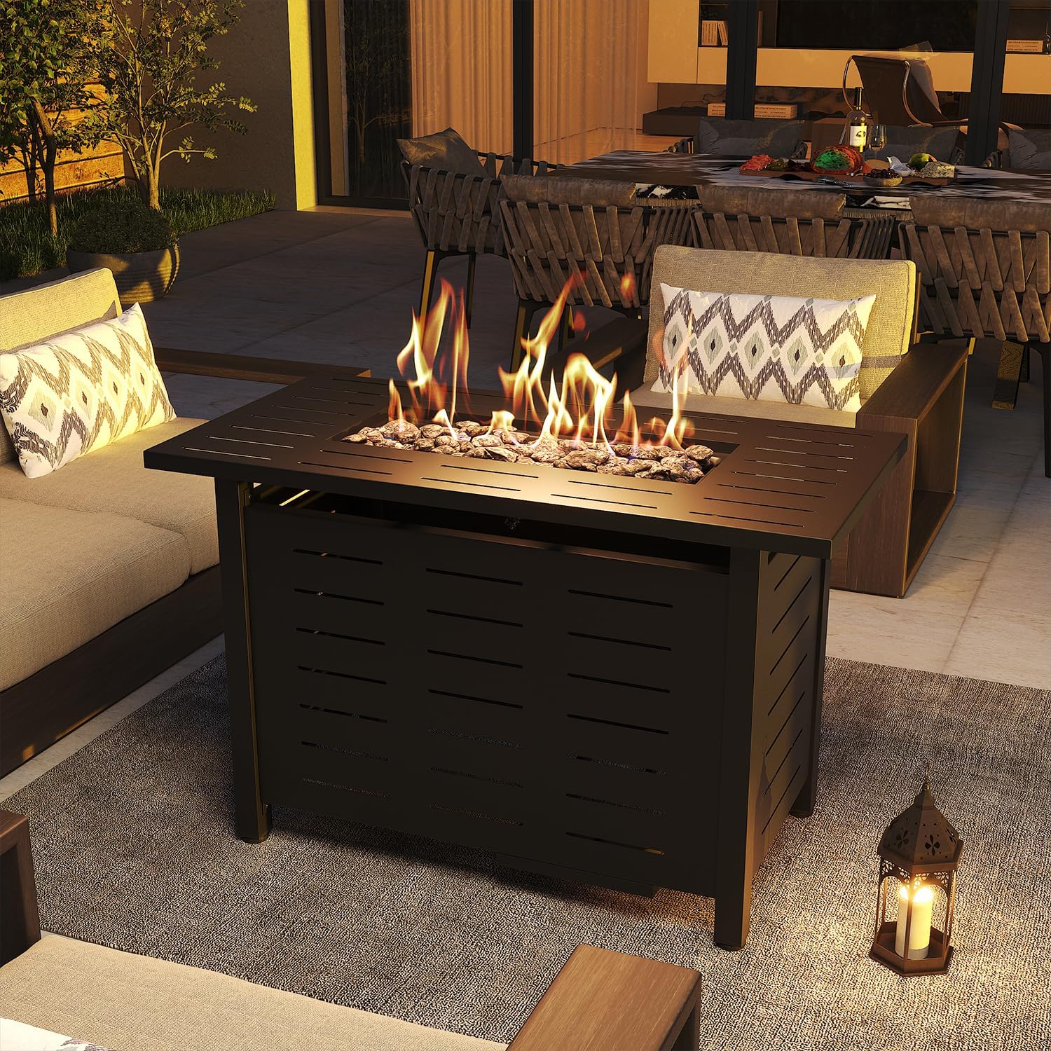 Propane Fire Pit 50,000 BTU Outdoor Gas Fire Table with Waterproof Cover Rectangular Steel Firepit Table with Lid and Lava Rock for Outdoor, Patio, Backyard