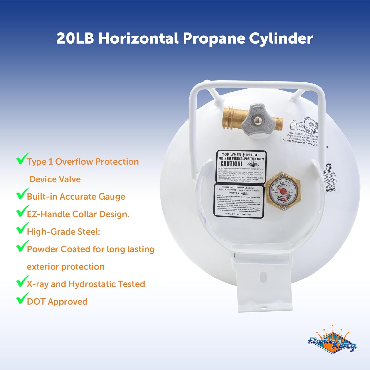 Flame King YSN201HZL 20-LB Steel Horizontal Propane Tank Cylinder for Fire Tables, Fire Pits, Patio Heaters, Barbeques, RVs, and Truck Campers