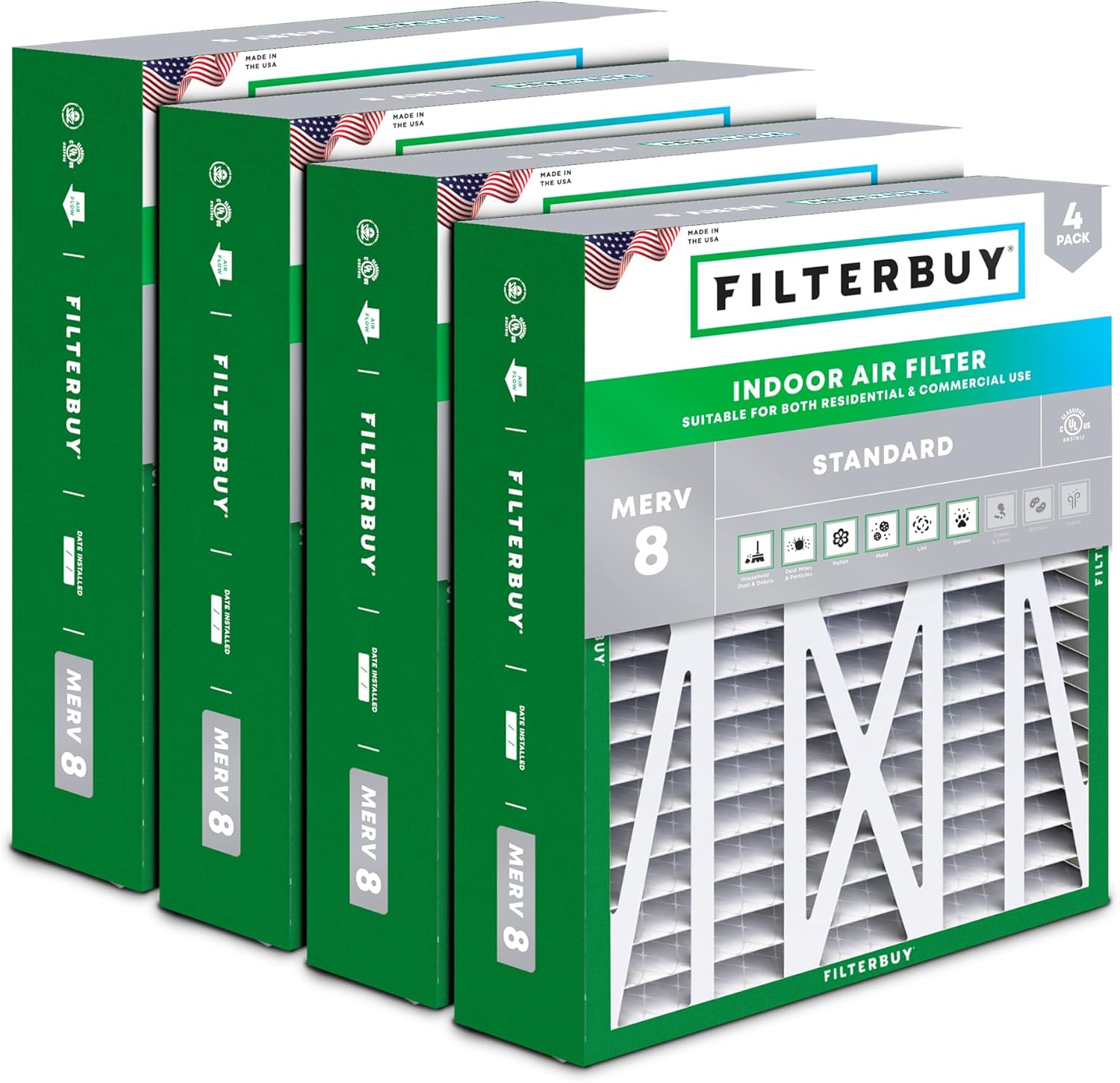 Filterbuy 20x23x5 Air Filter MERV 8 Essential Dust & Allergy Defense (4-Pack), Pleated HVAC AC Furnace Filters for Bryant, Carrier, BDP, Day & Night, and Payne (Actual Size: 19.81 x 22.56 x 4.25)