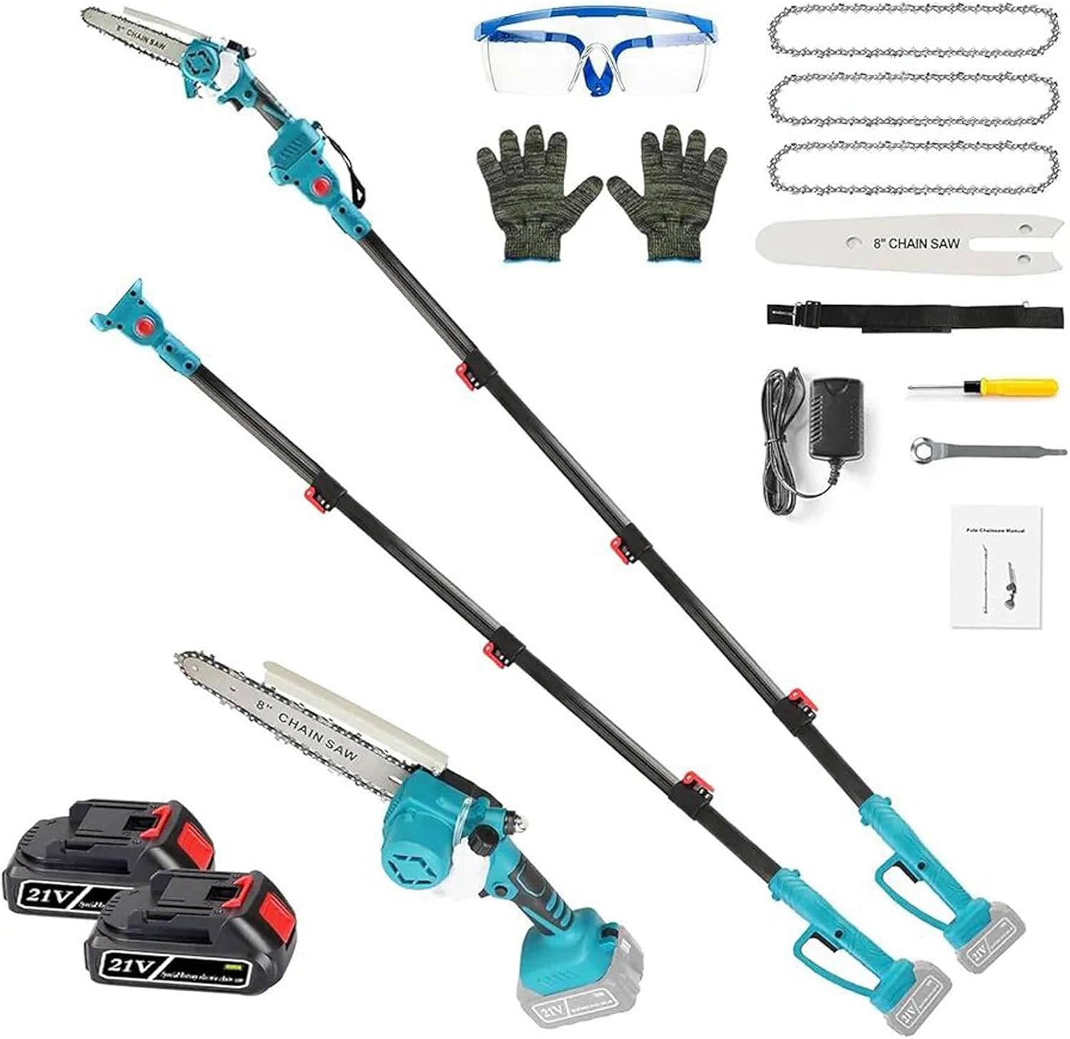 2-IN-1 Cordless Pole Saw 8 Inch, Brushless Mini Chainsaw with Extension Pole, 21V Electric Pole Chainsaw with 2Pcs 3.0A Battery, 38FT/S Speed, 13.7FT Max Reach & Multi-Angle for Tree Branches Trimming