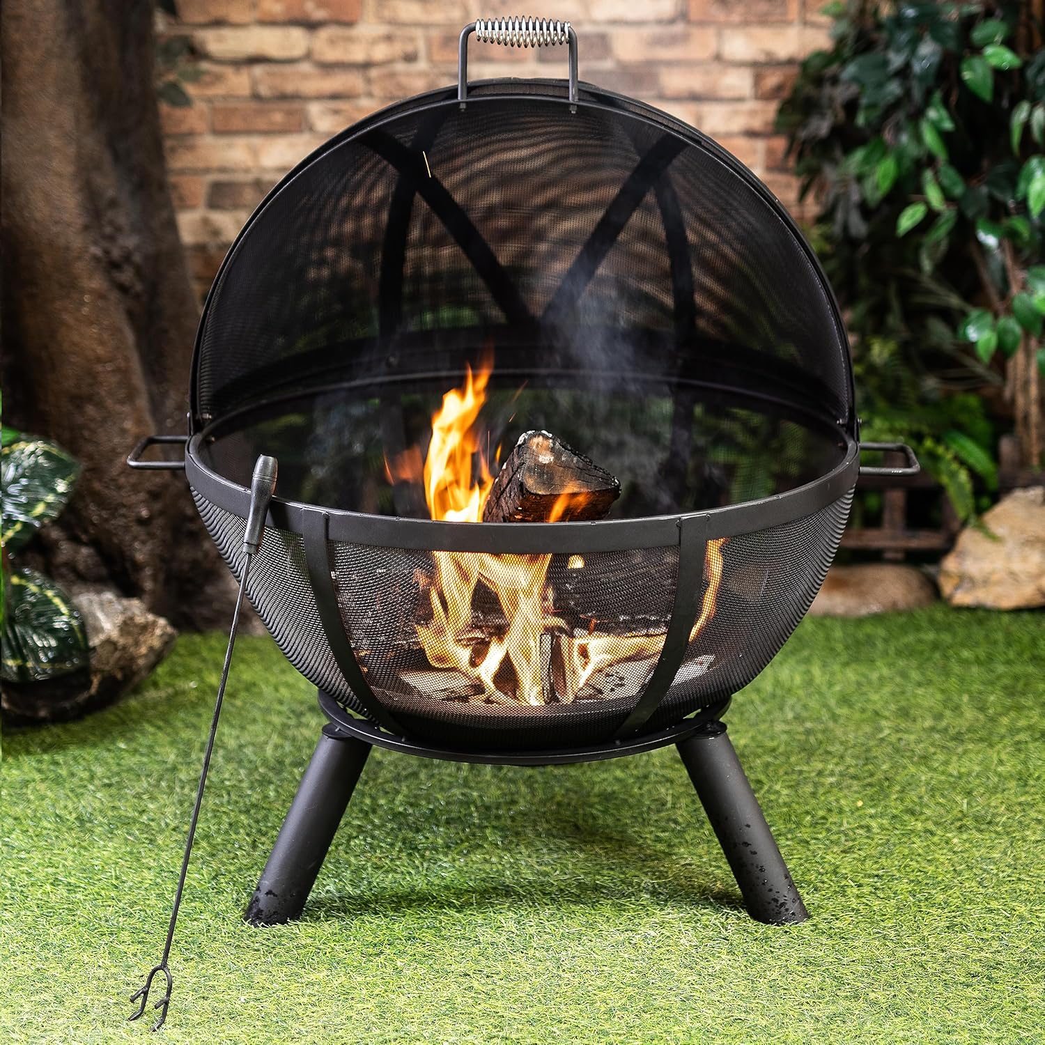 38 Inch Outdoor Sphere Globe Fire Pit - Durable Steel Woodburning Firepits for Outside - Portable for Backyard, Camping, BBQ - Patio Fire Pit with Safety Screen and Poke