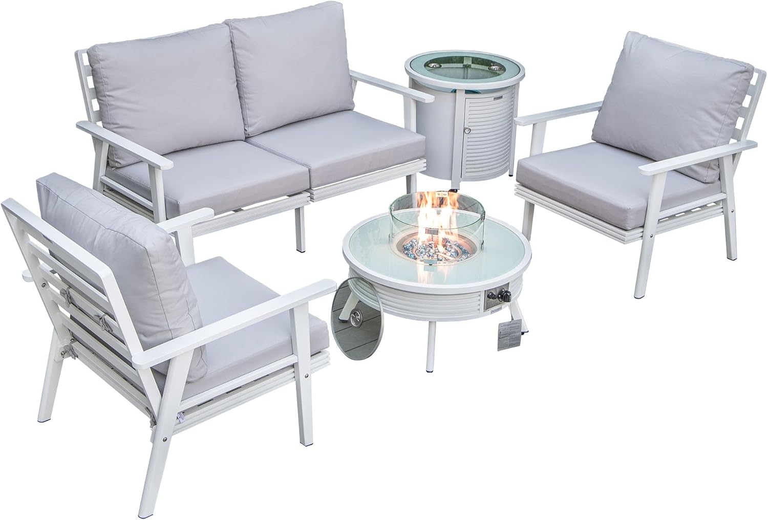 LeisureMod Walbrooke Modern Aluminum 5-Piece Patio Conversation Set with Outdoor Round Fire Pit Table with Slats Design & Side Table Tank Holder (Light Grey)