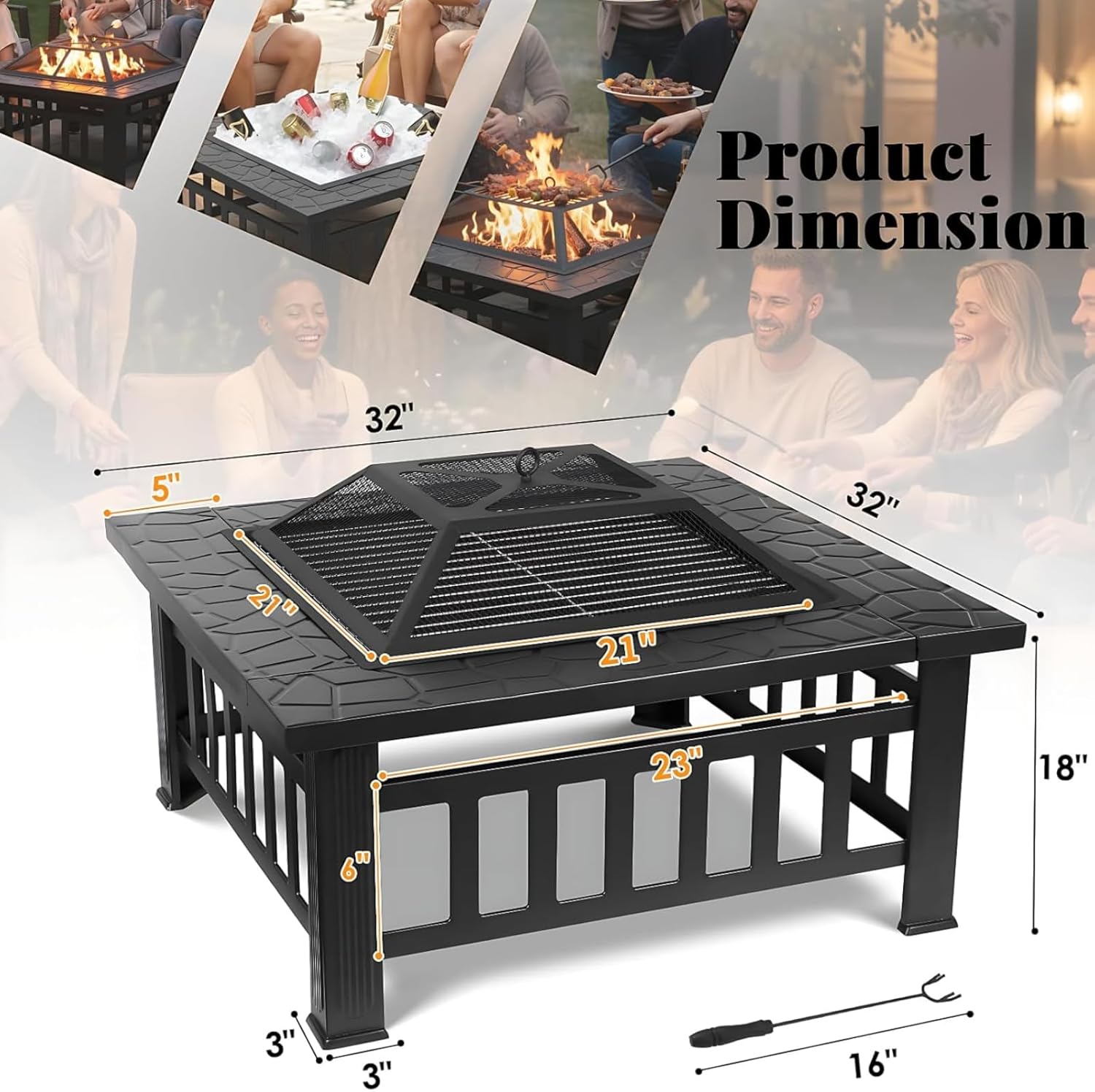 MAMIZO 32 inch Outdoor Fire Pit, Wood Outside Burning Square Metal Firepits Stove Table w/Accessories, Spark Screen, Waterproof Cover, Poker Included for Backyard BBQ Patio Camping Bonfire Heating