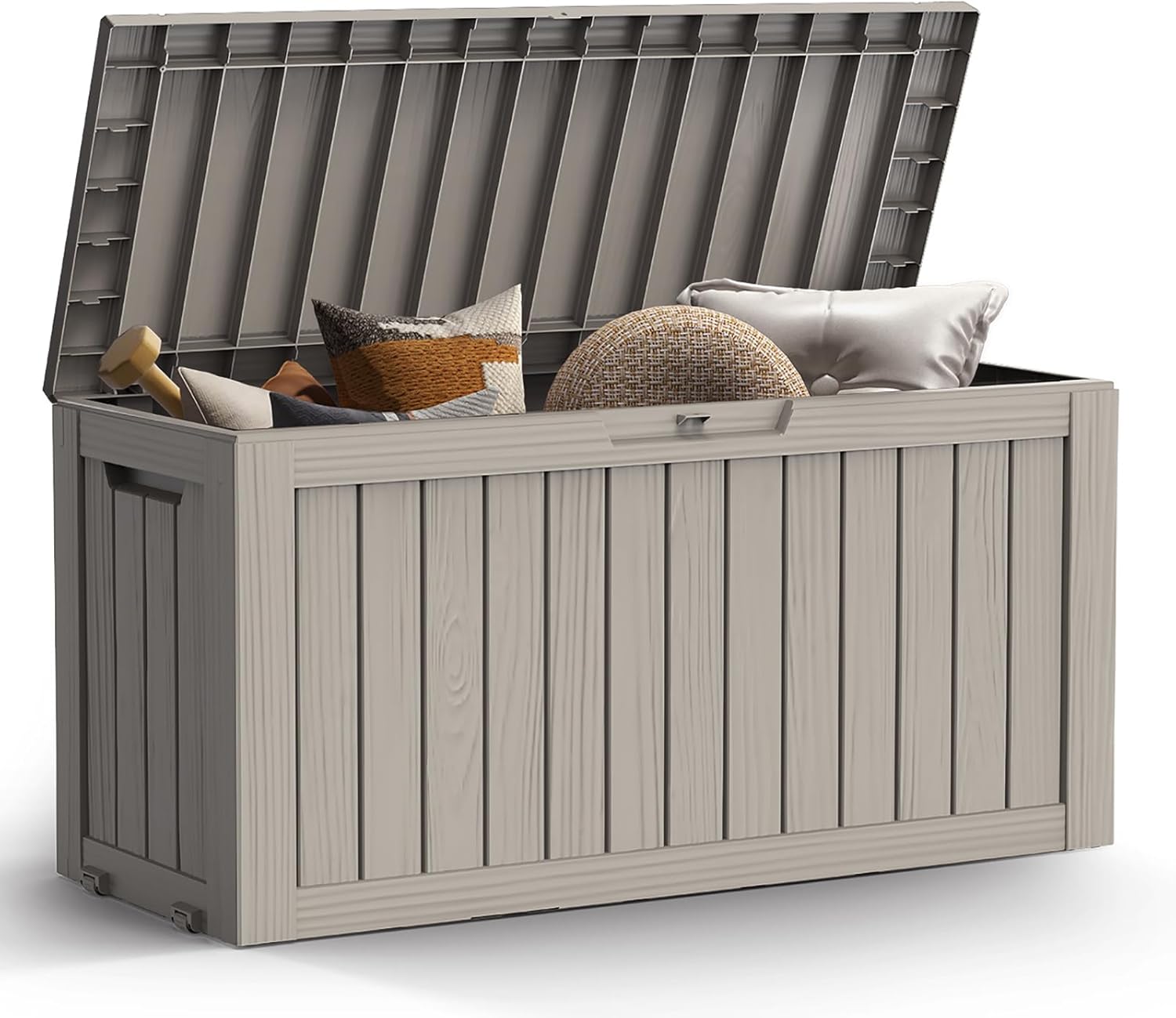 Mars Villa 72 Gallon Deck Box, Waterproof Weatherproof and UV Resistant Resin Storage Bin with Lockable Lid, Ideal for, Outdoor, Patio Furniture Cushions, Pool Supplies, Garden Tools, Greige