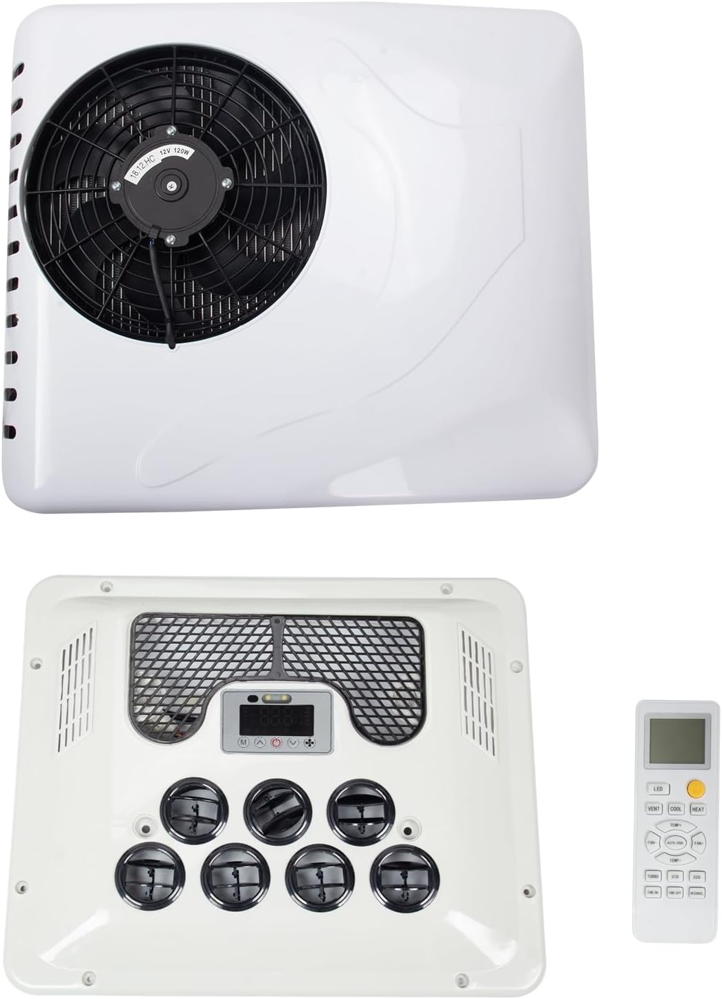 12V RV Air Conditioner, 15000 BTU Rooftop DC A/C Unit with Cooling & Heating, 3-Speed Fan, Digital Control Panel, Quiet & Energy-Saving Air Conditioner for Camper Van, Trailer, Motorhome, Bus, Truck