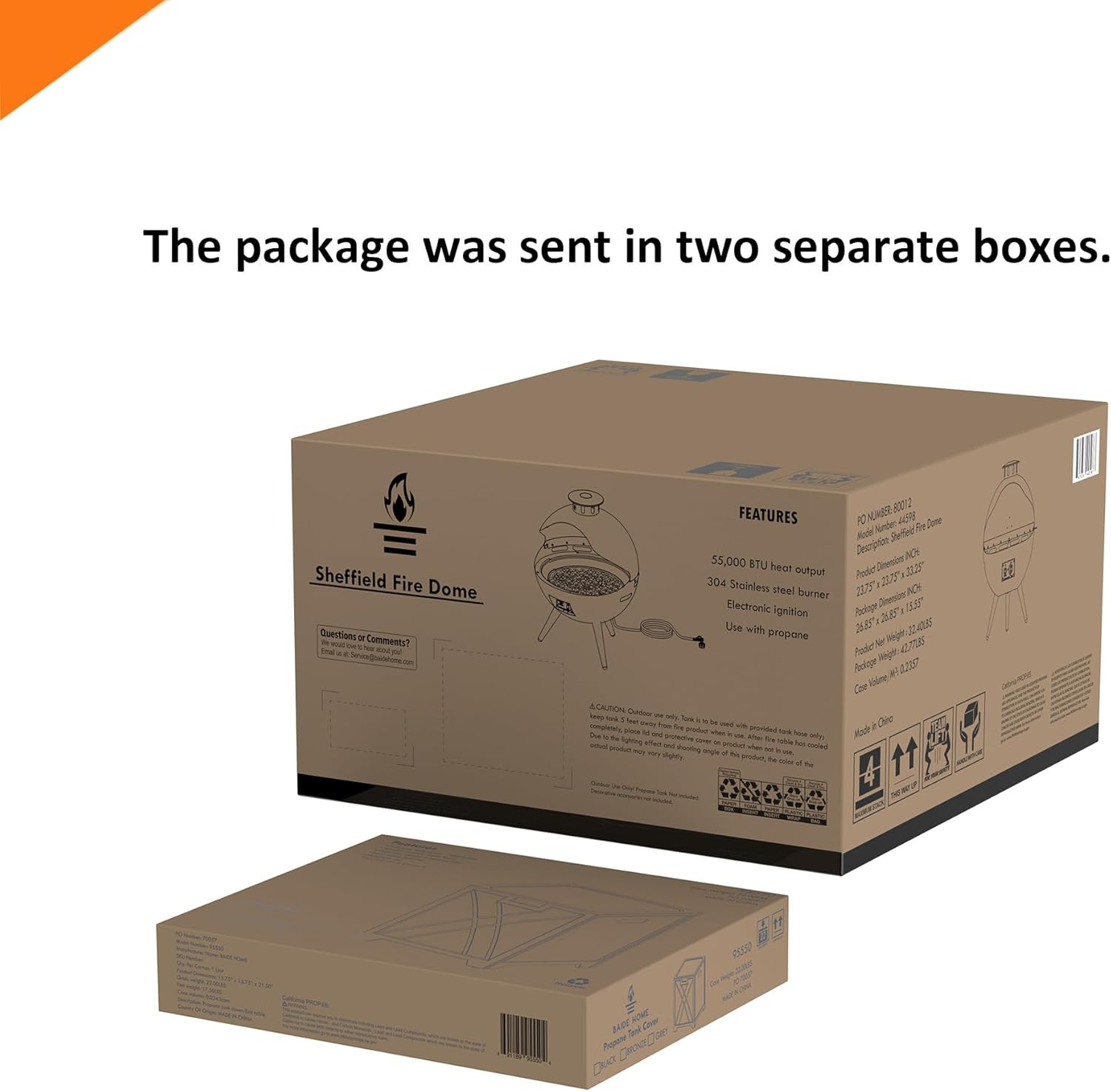 24-Inch Outdoor Propane Fireplace with 20 lb Tank Cover, 55,000 BTU Chimenea Propane Fire Pit, Hemispherical 3-Legged Firepit with Lava Rocks and Rain Cover, Gray