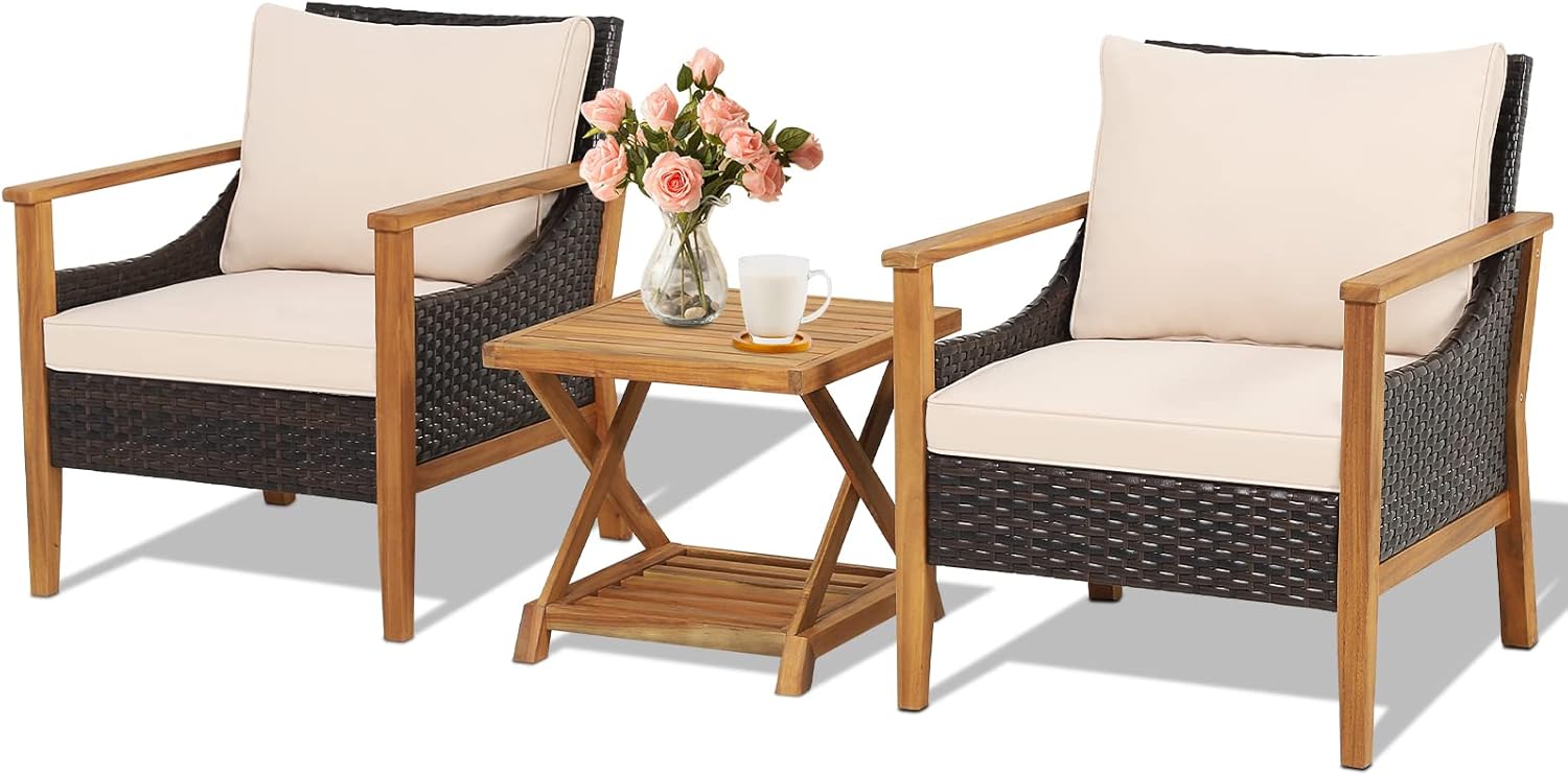 HAPPYGRILL 3 Pieces Wood Patio Furniture Set, Wicker Chair with 2-Tier Side Table, Solid Acacia Wood Frame, Comfort Seat & Back Cushions, Rattan Sofa Set for Balcony Deck Backyard