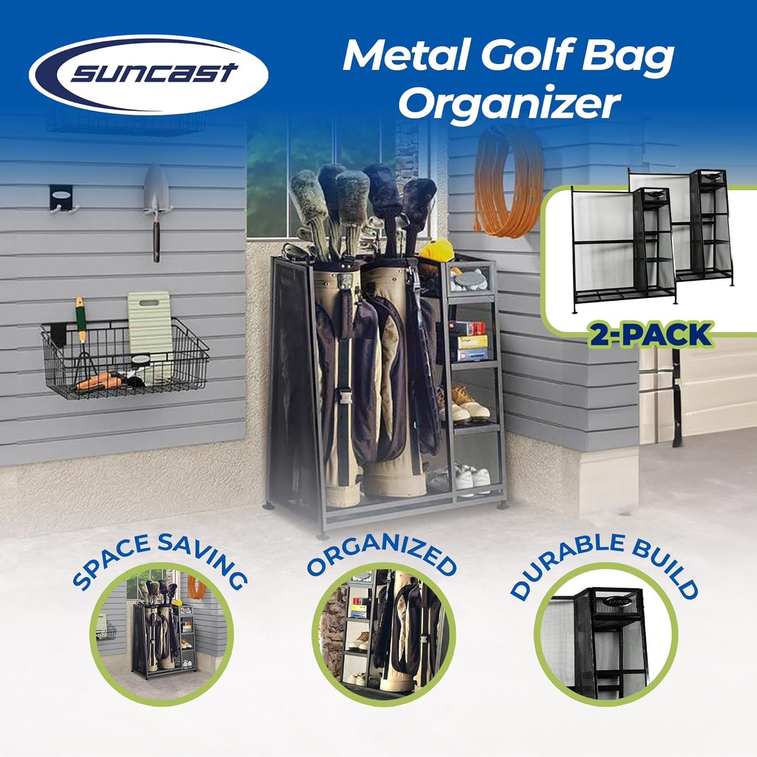 Suncast Garage Golf Bag Shelf Organizer with Leveling Feet and 5 Inch Bin for Club, Ball, and Accessory Storage, 2 Pack