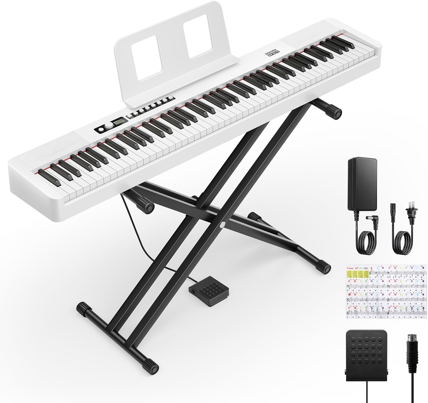 Donner DEP-20 Lite Beginner Digital Piano 88 Key Weighted Full Size Keyboard, Portable Electric Piano Set with Stand, Sustain Pedal, Keyboard Stickers for Beginners Adults, White