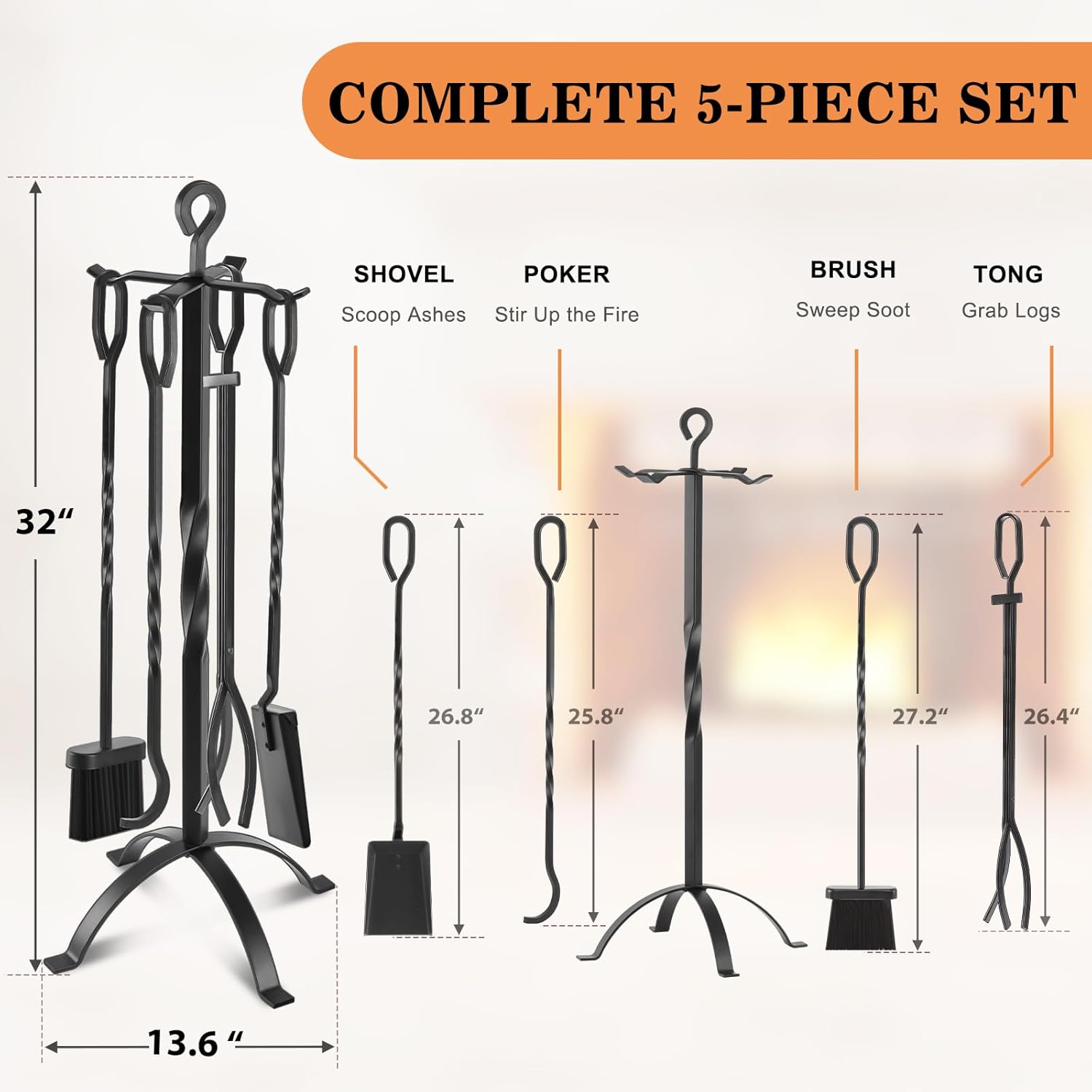 Gtongoko Fireplace Tools Set 5 Pcs 32 Inch Black Bundle Fireplace Tools Set 5 Pieces 32 Inch Modern Black Wrought Iron