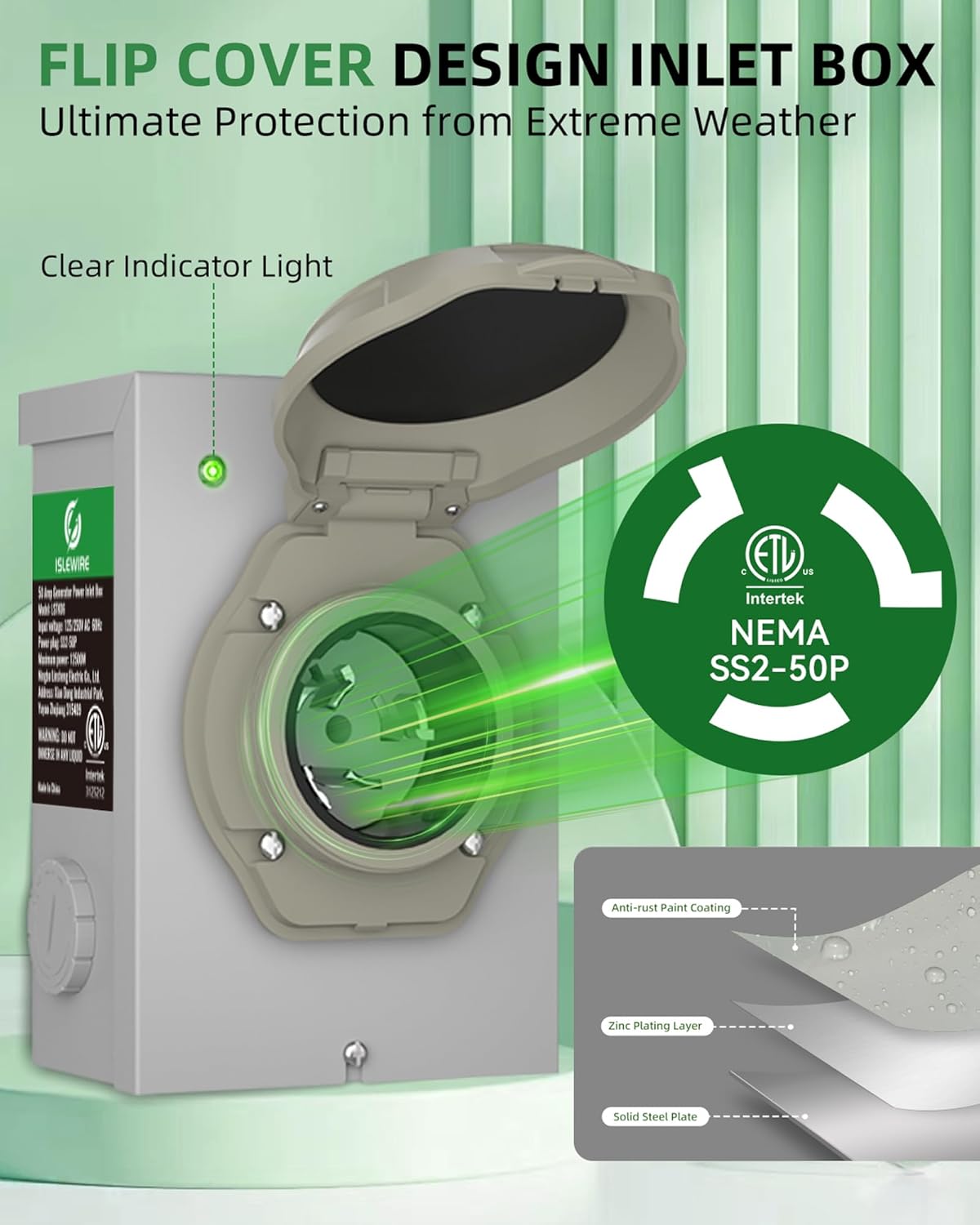 50 Amp 15FT Generator Cord and Pre-Drilled Power Inlet Box, NEMA 14-50P to SS2-50R Generator Cord Kit, 6/3+8/1 AWG STW Twist Lock Connector, 125/250V 12500W, ETL Listed, Ready for Emergency Use