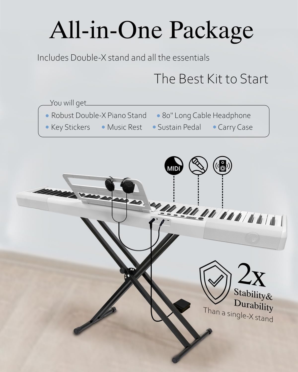Longeye Piano Keyboard 88 Keys Compact Portable Digital Piano for Beginners with Semi-Weighted Full-Size Keys, Stand, Headphones, Sustain Pedal, Carrying Case, White