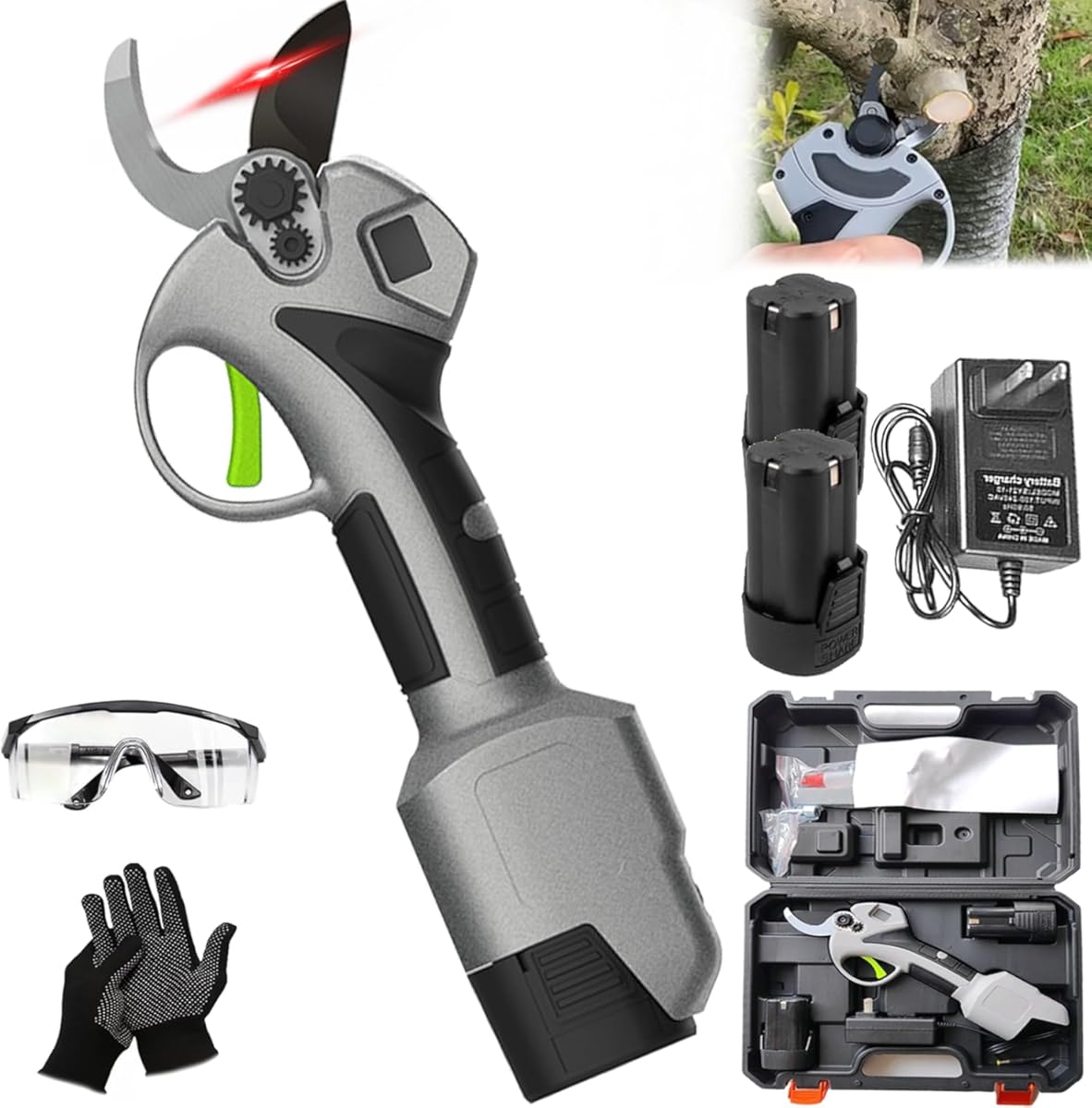 Garden Electric Pruning Shears With Battery and Charger, Brushless Pruning Shears for Gardening with 1.2inch Max Cutting Diameter, Two 21v Battery Upgrade (Gray-2 Batteries)