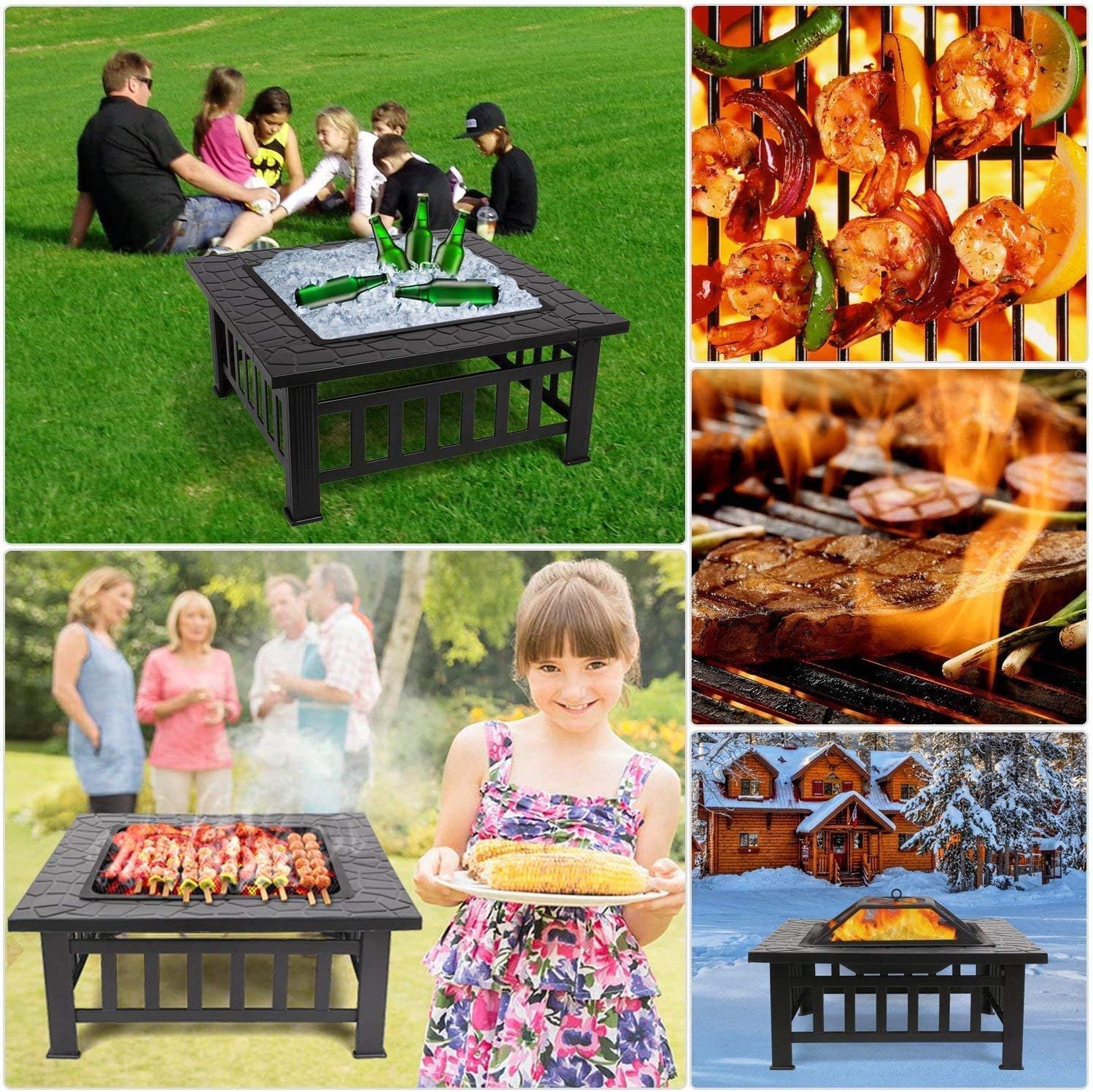 Fire Pit BBQ Grill, Outdoor Square Metal Firepit, Garden Fire Pits,Fireplace Garden Stove BBQ Fire Pit Charcoal Rack with Mesh Cover,Outdoor Fire Pits