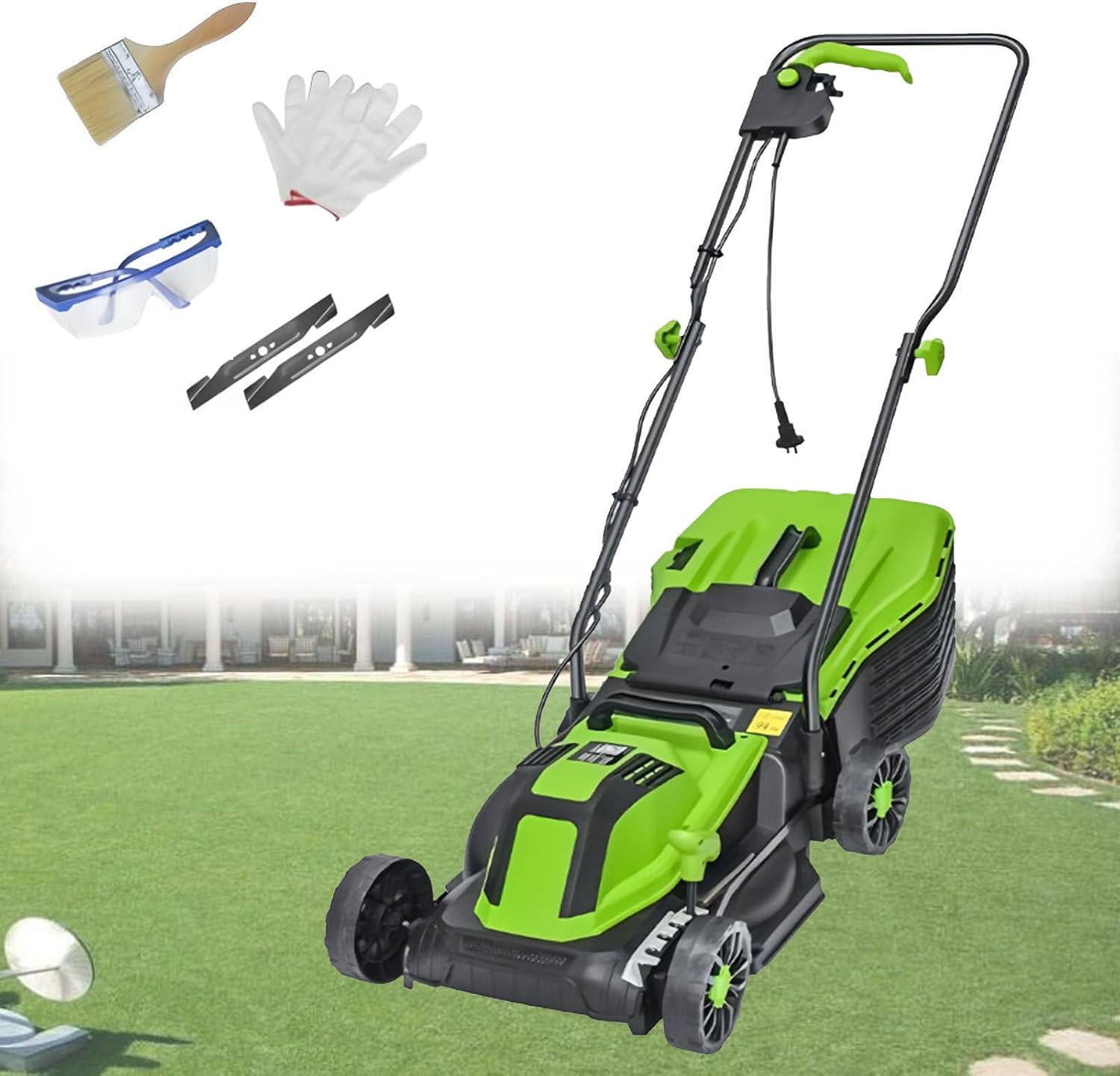 Electric Lawn Mower, Corded Lawnmower with Grass Collection Box, 3-Position Heights, Push Lawn Mower Electric De-Thatcher for Garden 2100W/32CM-Cord55M