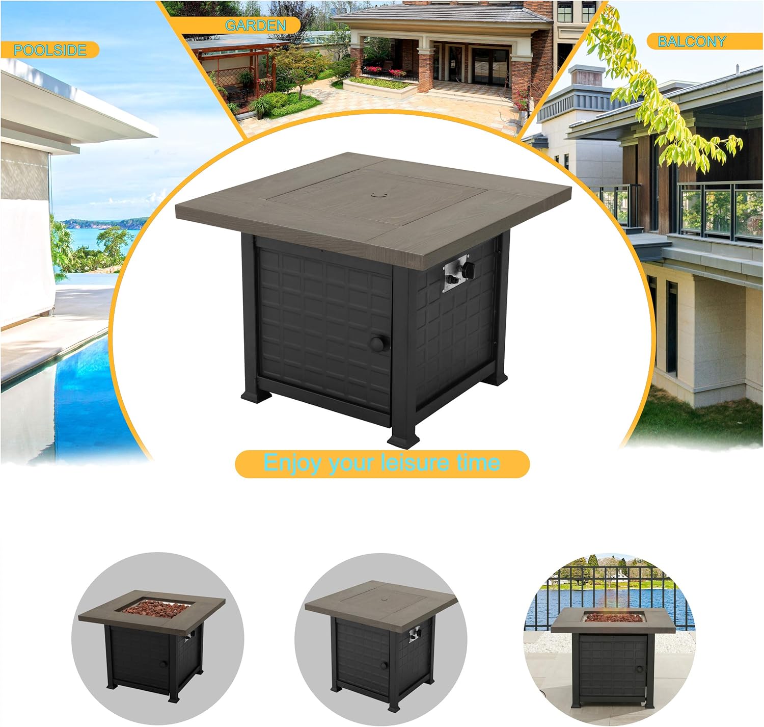 LOKATSE HOME 34-Inch Propane Gas Fire Pit Table for Square Outside Patio with Steel Cover CSA Certification 50,000 BTU Outdoor Auto-Ignition Fireplace, Black