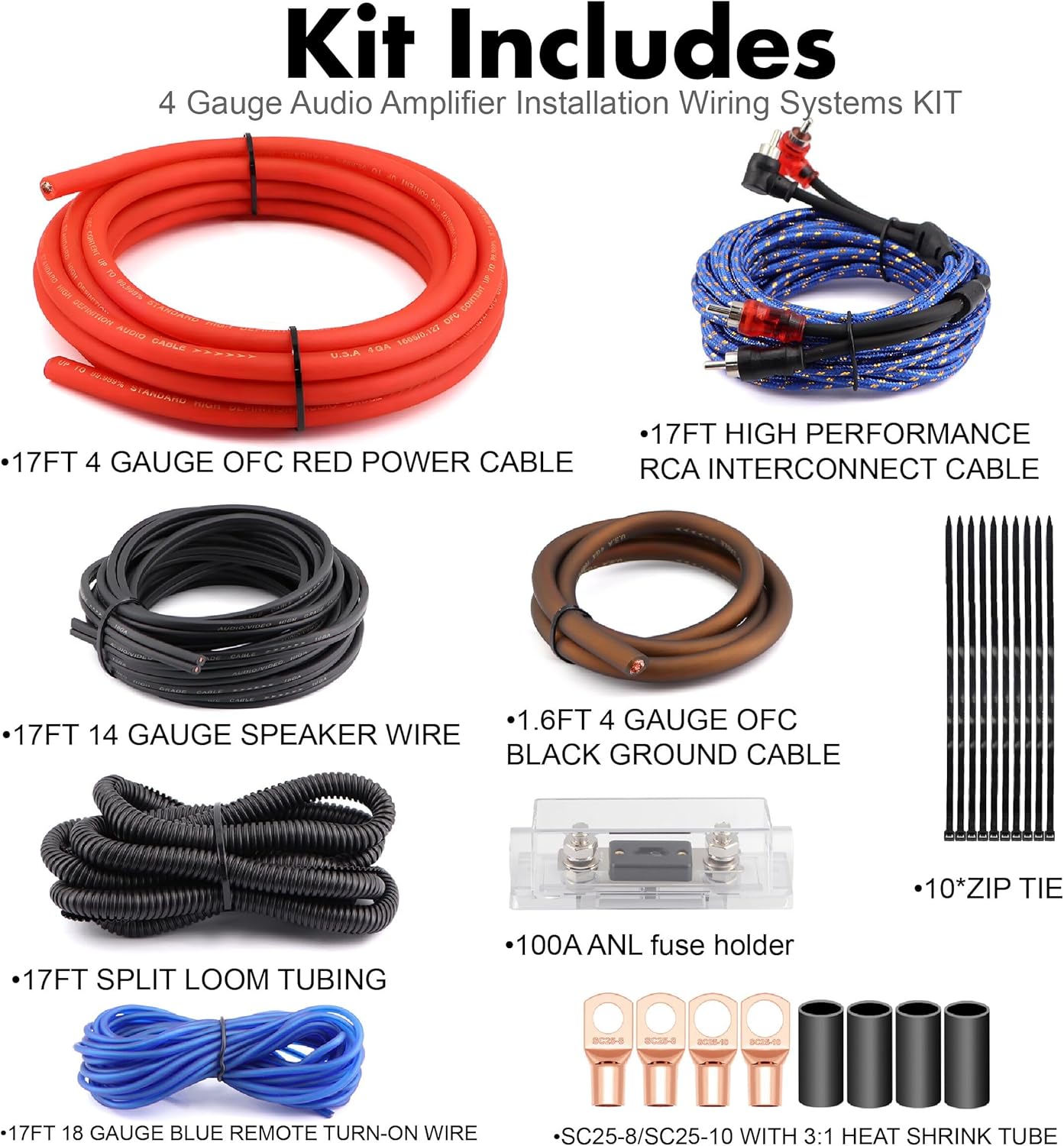 4 Gauge OFC Car Amplifier Wiring Kit 3000W - Fits Most Standard Amp Terminals | Complete with All Cables for Power, Ground, RCA & Speakers | Ideal for Car Stereo & Sub Upgrades