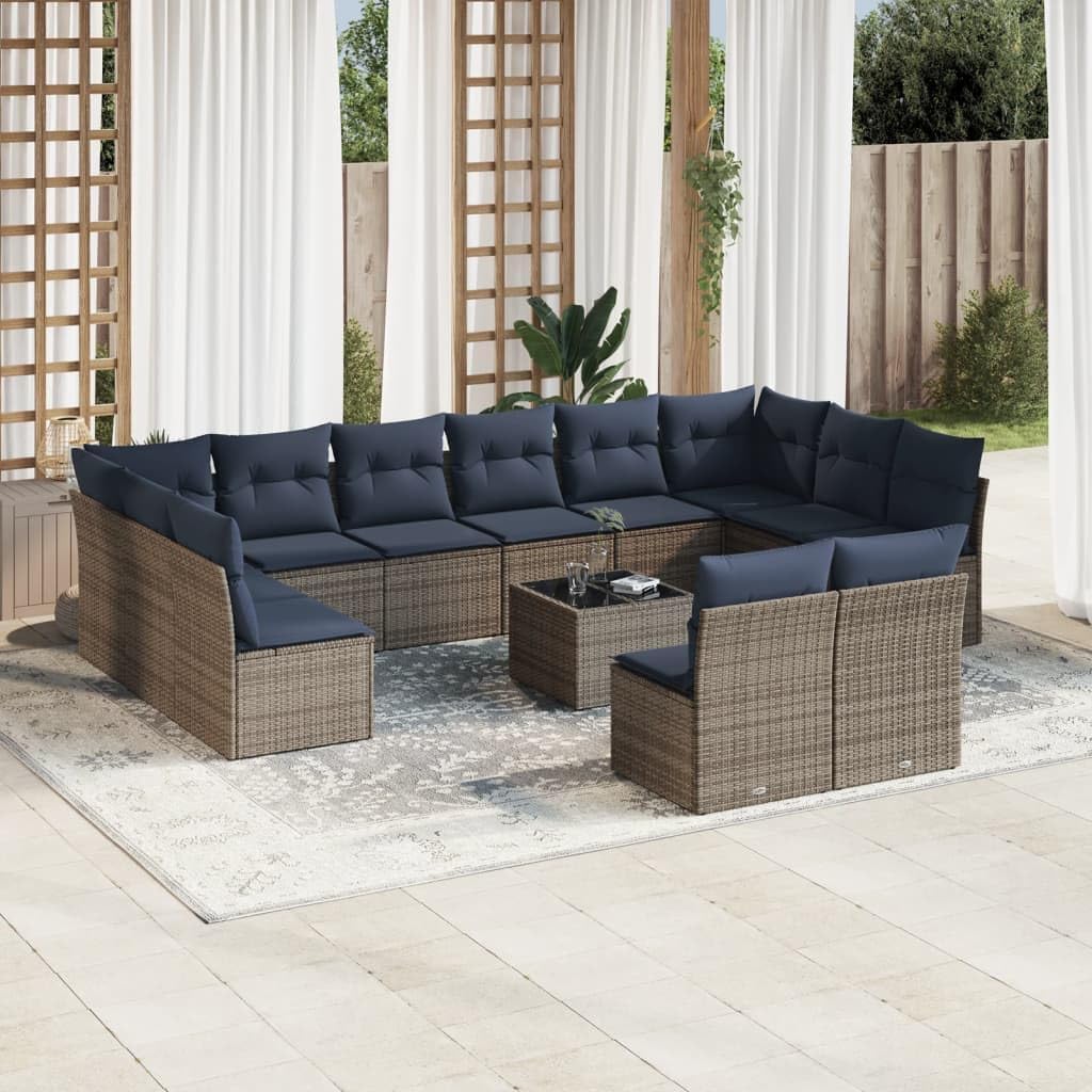13 Piece Patio Sofa Set with Cushions, Gray Poly Rattan Outdoor Furniture, Modular Design with Tempered Glass Table, Balcony Garden Dining Set