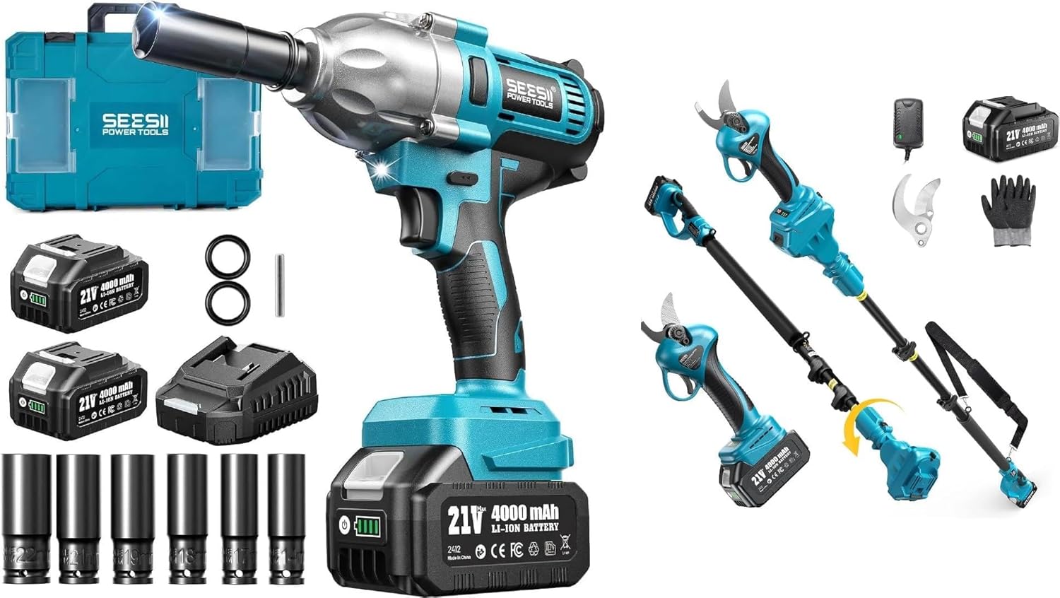 Seesii Impact Wrench 665 FT-LBS 3300IPM 1/2 Impact Gun High Torque & 2-in-1 Electric Pruning Shears with Pole