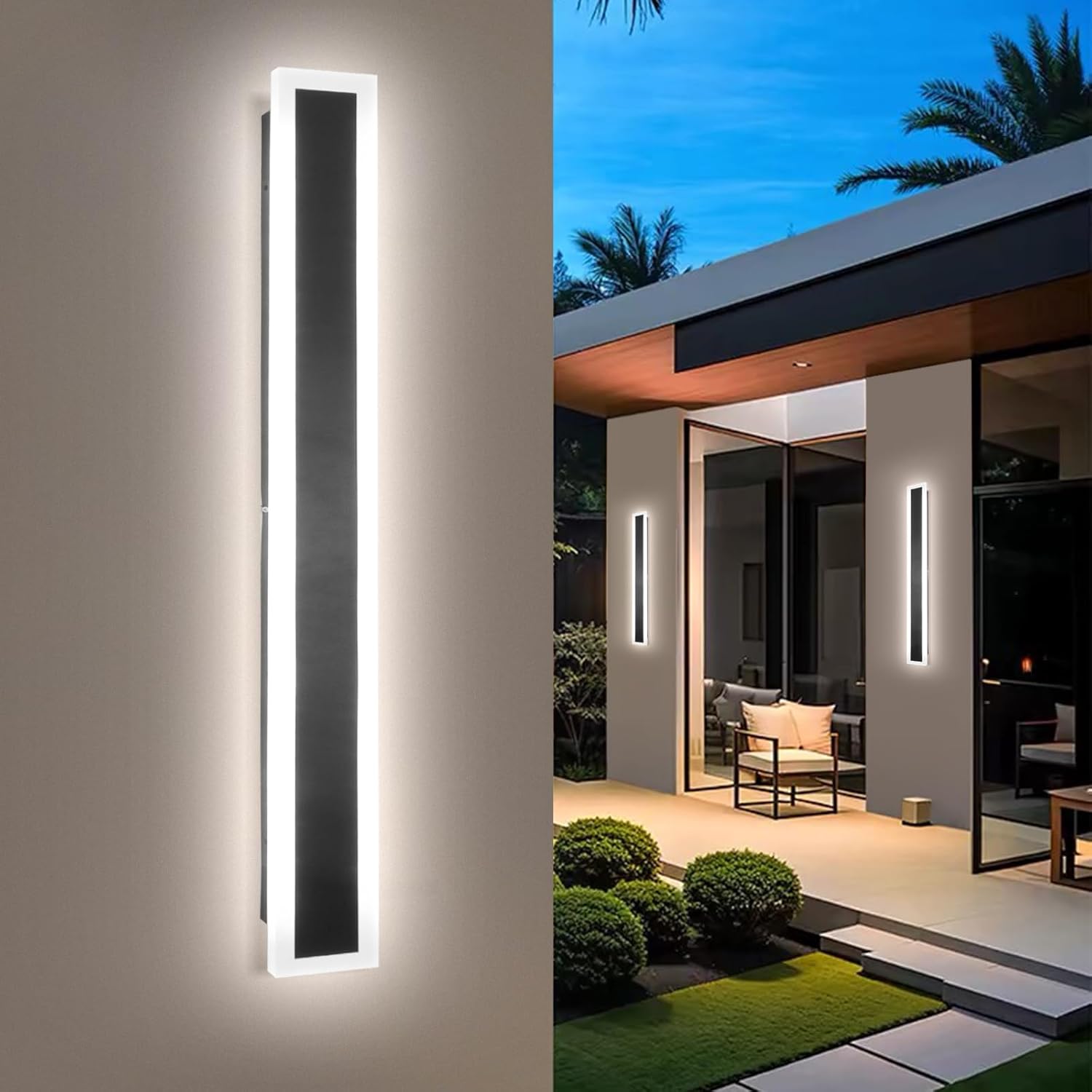 2 Pack 23.6In Outdoor Wall Sconces Black Modern Exterior Wall Light Fixtures for House 3CCT Dimmable IP65 Waterproof Long Outside Wall Light for Garage, Doorway, Patio, Stairway