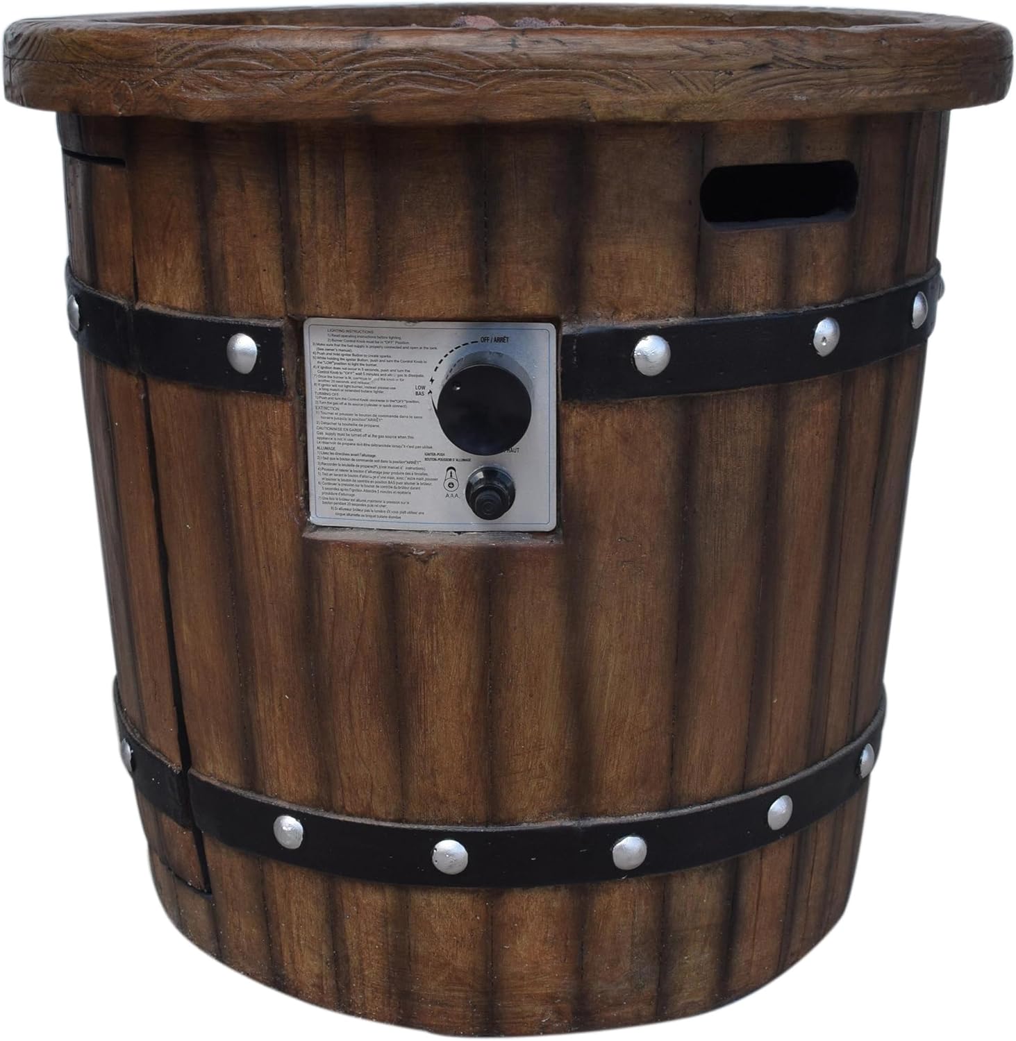 Roomfitters Round Outdoor Fire Pit Table with Barrel-Style Magnesium Oxide Design, Rustic Patio Accent for Cozy Gatherings, Brown