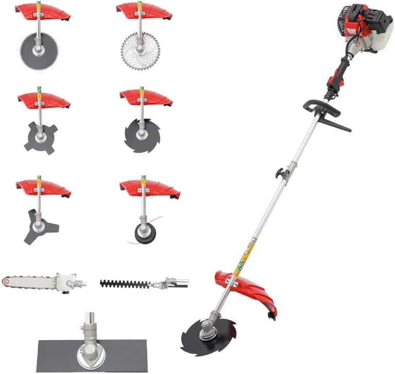 52cc 2-Stroke Gas Weed Eater with 7 Blades, 10-in-1 Multi Garden Trimming Tools Gas Powered Long Reach Pole Saw Hedge Trimmer, Grass String Trimmer Brush Tree Cutter Pruner Weed Wacker