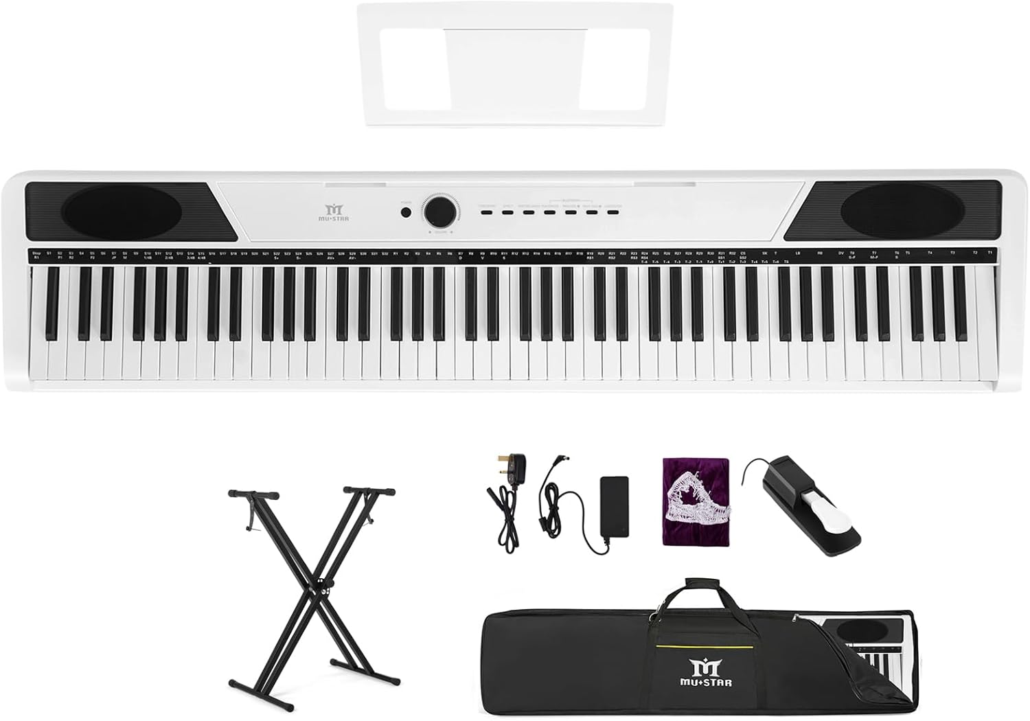 MUSTAR 88 Key Piano Keyboard, Full Size Digital Piano 88 Weighted Keys with Stand, Electric Piano Keyboard 88 Keys Semi Weighted with 2x25W Speakers, USB/MIDI, Case, Sustain Pedal, White