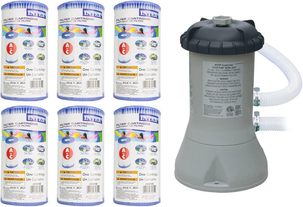 Intex 1000 GPH Easy Set Pool Filter Pump System with GFCI for Above Ground Swimming Pools with Type A & C Filter Cartridge Replacements, (6 Pack)