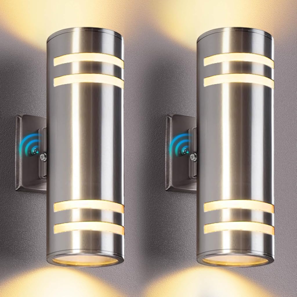 Dusk to Dawn Outdoor Wall Lights 2 Pack, Up Down Stainless Steel Exterior Lighting Fixtures with Photocell Sensor, Waterproof Outdoor Sconce Lights for House Porch Garage Patio, LED Bulbs Included