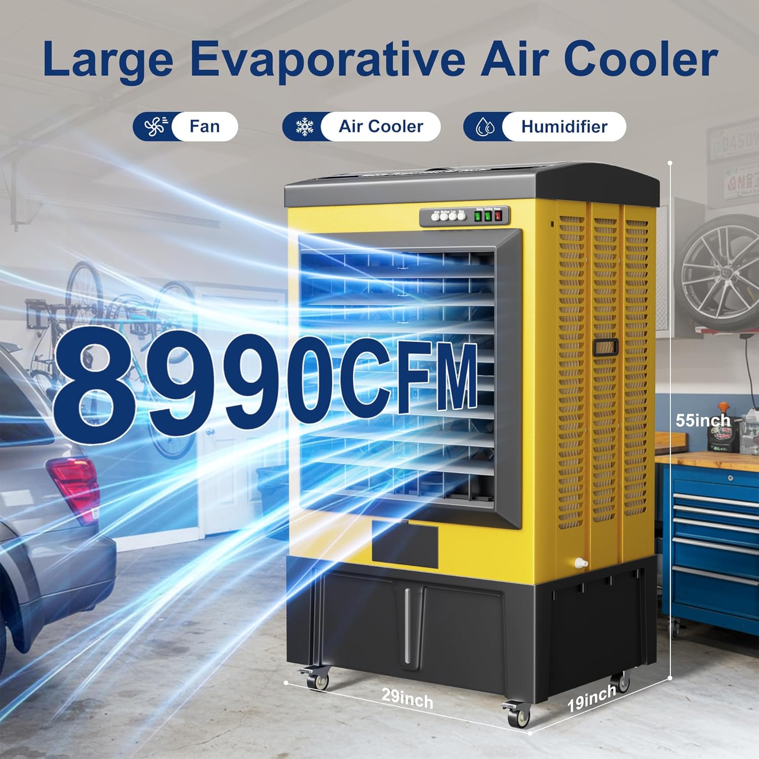 Swamp Cooler, 8990CFM Evaporative Air Coolers with 36 Gal Tank, Windowless Air Conditioner 3 Speeds for Outdoor Use, 58 Inch Air Cooler Water Fan for Patio, Garage, Shop, Commercial Yellow
