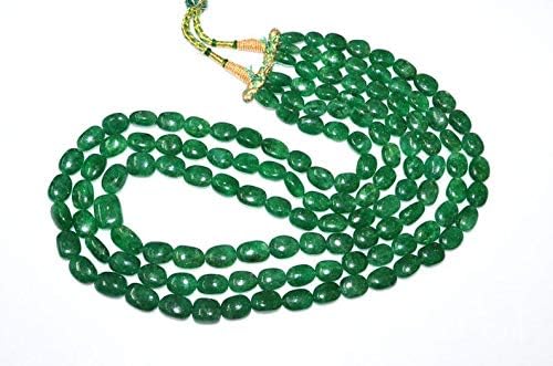 JEWELZ 3 lines dyed emerald smooth oval shape necklace, dyed emerald smooth oval beads, emerald necklace, 9x11-13x16.5 mm
