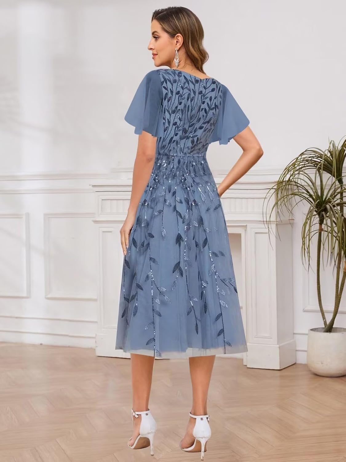 BANTRATIC Women's Mother of The Bride Dress Sequins Tulle Formal Wedding Guest Dresses Elegant Tea Length Evening Prom Gown