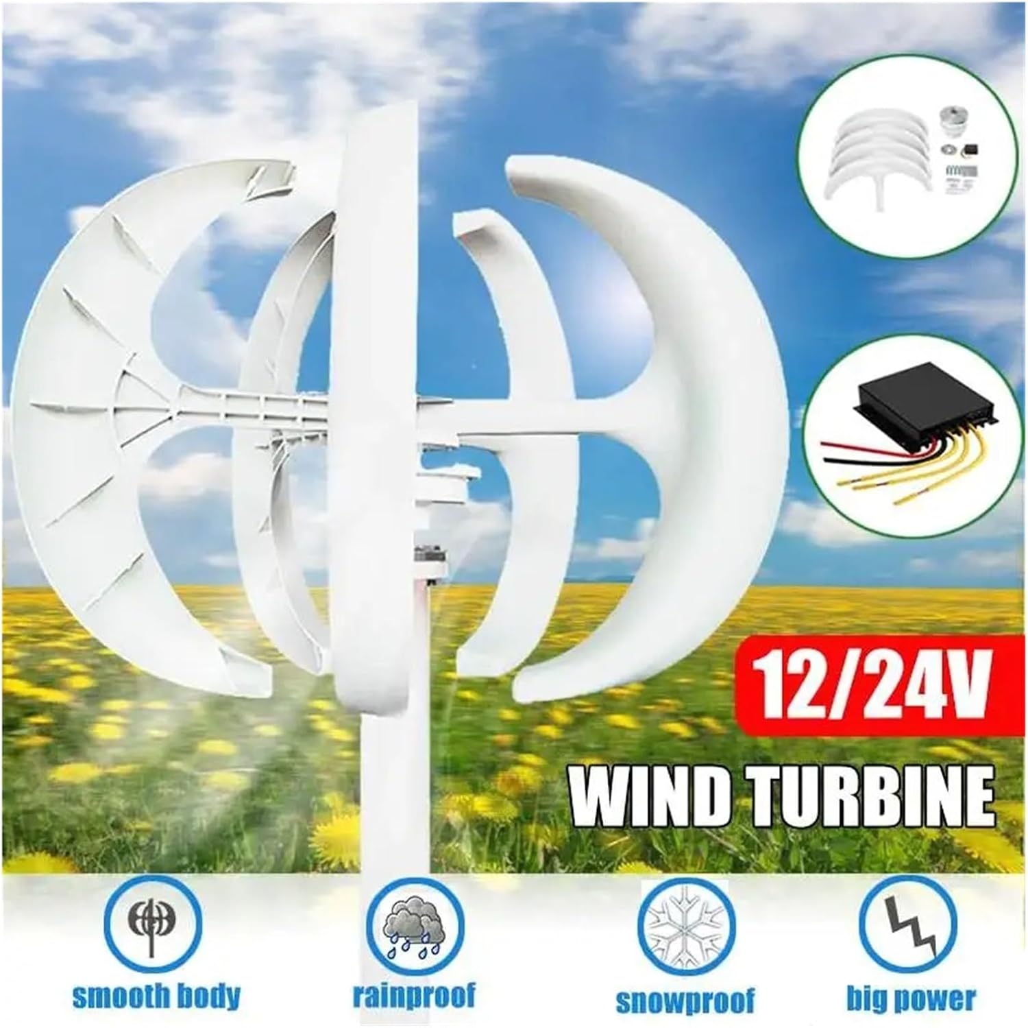 8000W 12V 24V Vertical Axis Wind Turbines Generator with Controller Lantern 5 Blades Motor Kit for Home Hybrids Streetlight Low Starting Speed for Home(24V)