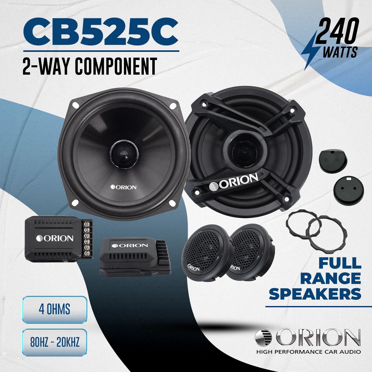 ORION Cobalt Series CB525C 2-Way Car Audio Component System - 5.25” Speakers, Full Range, Enhanced Bass, 240W, 4 Ohms, Easy Installation, 1” Silk Dome Tweeter, External Passive Crossover (Pair)