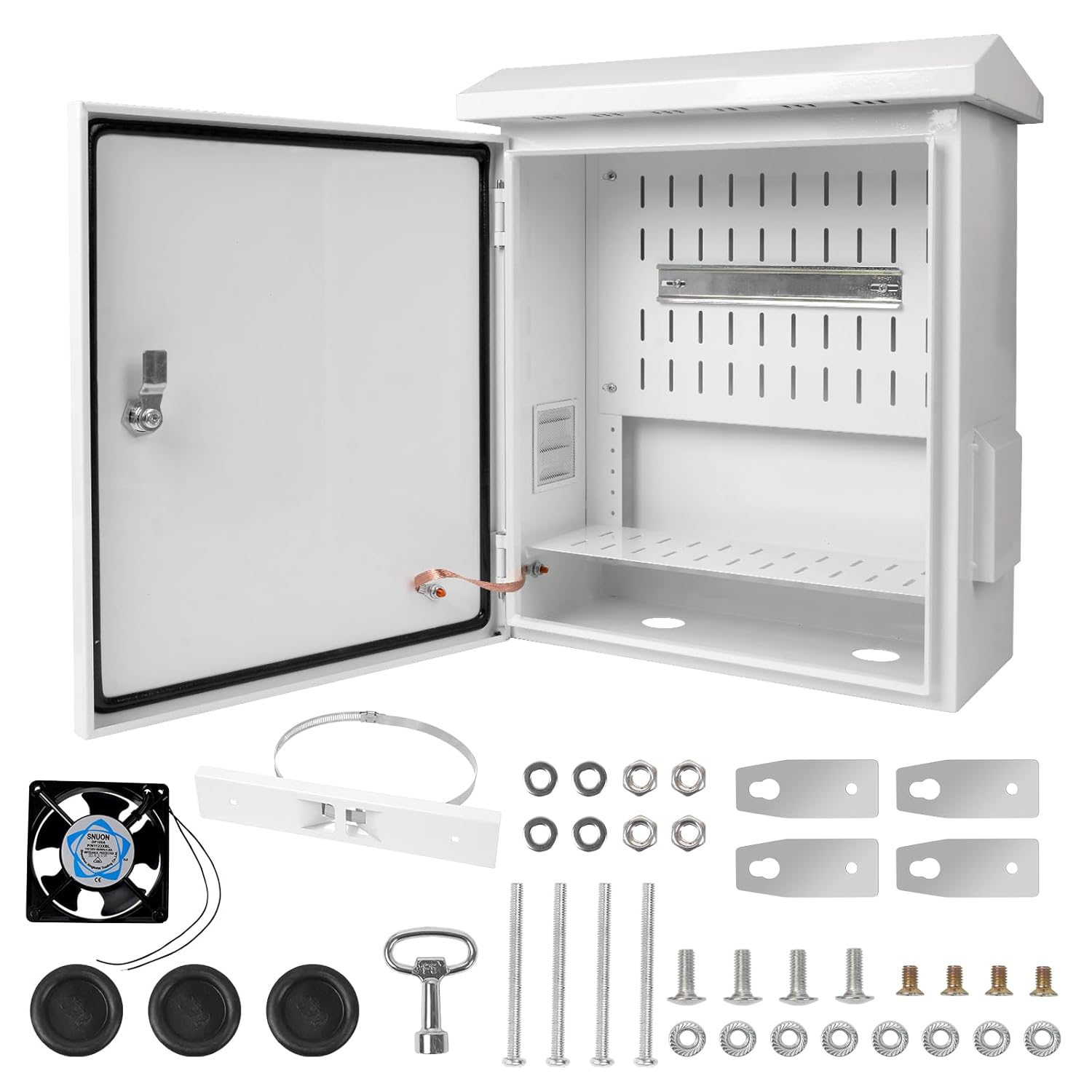 Outdoor Electrical Box with Cooling Fan 20'' x 16'' x 8'' Ventilation Design Electrical Enclosure Box IP65 Waterproof Electrical Cabinet Street Light Box with Wall Hanging and Pole Mounting Parts