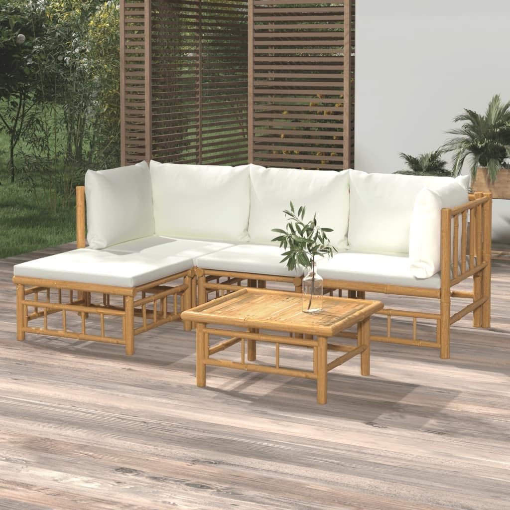 5 Piece Patio Lounge Set with Cream White Cushions Bamboo,Bamboo Patio Lounge Set: The Outdoor Gathering Spot Outdoor Furniture Sets, Patio Furniture