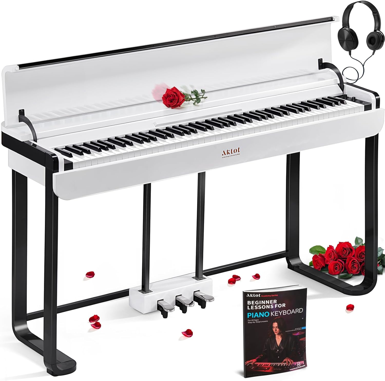 AKLOT Modern Weighted Keyboard Piano: 88-Key Graded Hammer Action Digital Piano, ​Silent Soft-Fall Cover, Triple Pedal, MIDI, Headphone, Beginner Lesson Book, High-Gloss Pearl White Finish (AUR-LS03)