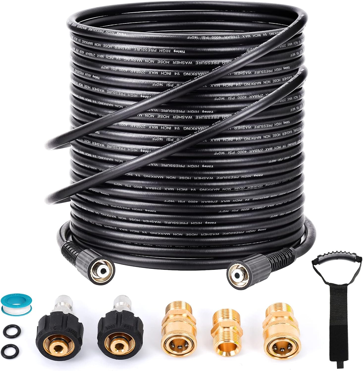 Pressure Washer Hose 100FT 1/4”, 4000 PSI Kink Resistant High Pressure Hose M22 14mm Thread, Flexible Extension Replacement Hose with 3/8 Quick Connect Adapters for Power Washing