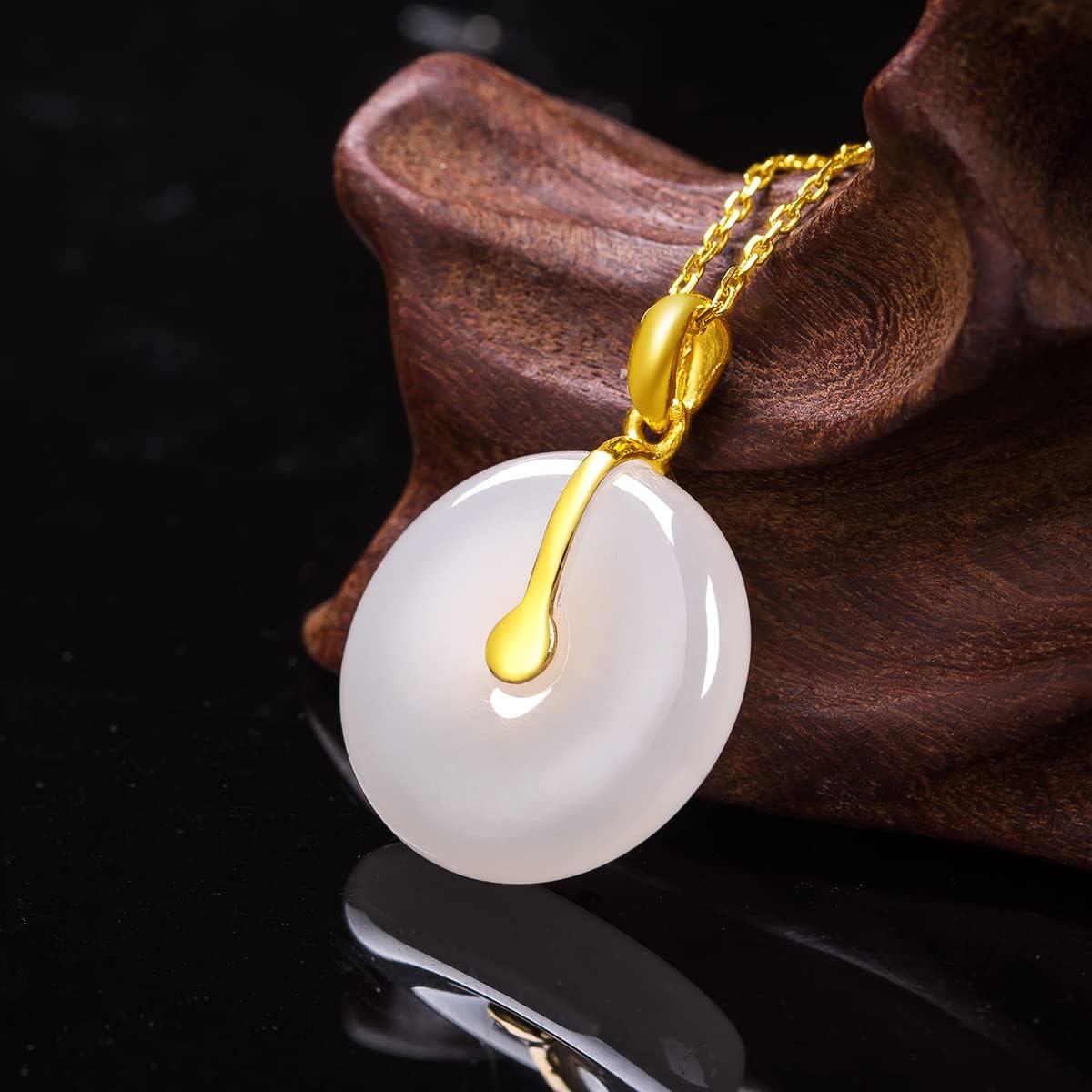 24K Solid Gold Pendant for Women, Real Pure Gold White Nephrite Jade Jewelry Accessory Round Pendant for Men Girlfriend (Not Include Necklace)