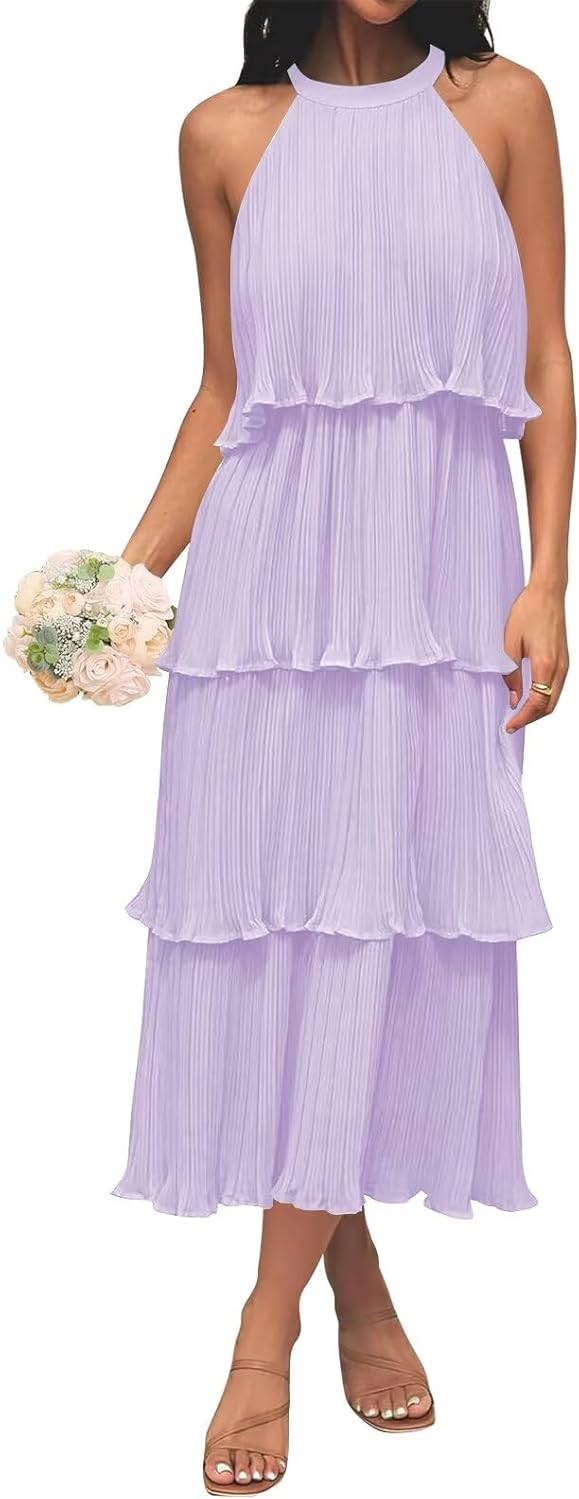 Women's Chiffon Bridesmaid Dresses Long Halter Neck Ruffle Formal Evening Dresses