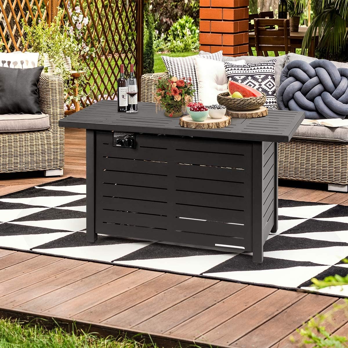 ReunionG 42in Propane Fire Pit Table, 60, 000 BTU Outdoor Rectangular Steel Propane Gas w/ Waterproof Cover, Auto Ignition, Lava Rock, Burner Lid, CSA Approved Fire Pit Table, cappuccino