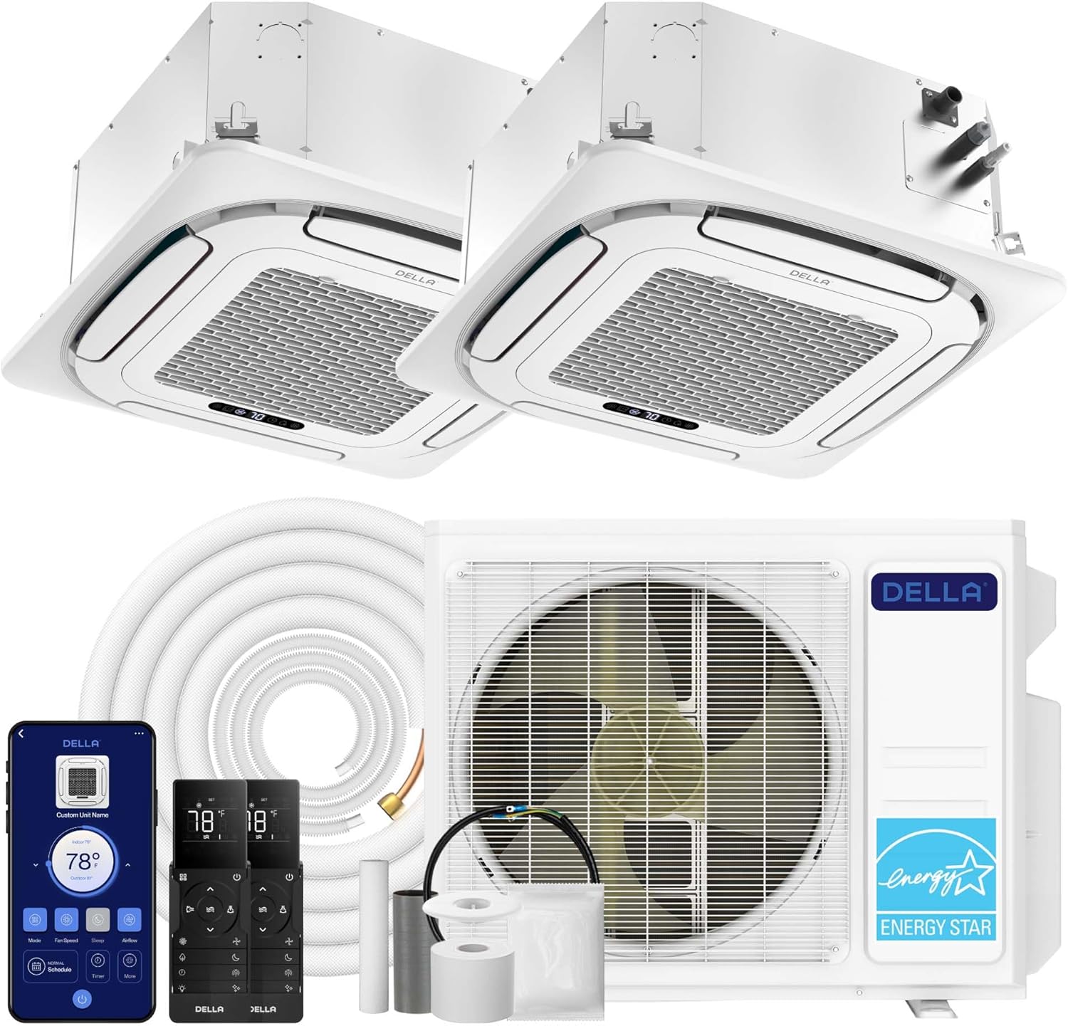 DELLA 18,000 BTU 2 Zone (12K+12K) Ceiling Cassette Mini Split AC, Ultra Heat -13℉, 8-way 360° Airflow, Covers 1100 Sq.Ft, Energy Star, 24 SEER2, 230V, Work with Alexa, Pre-Charged Heat Pump, 25ft Kit