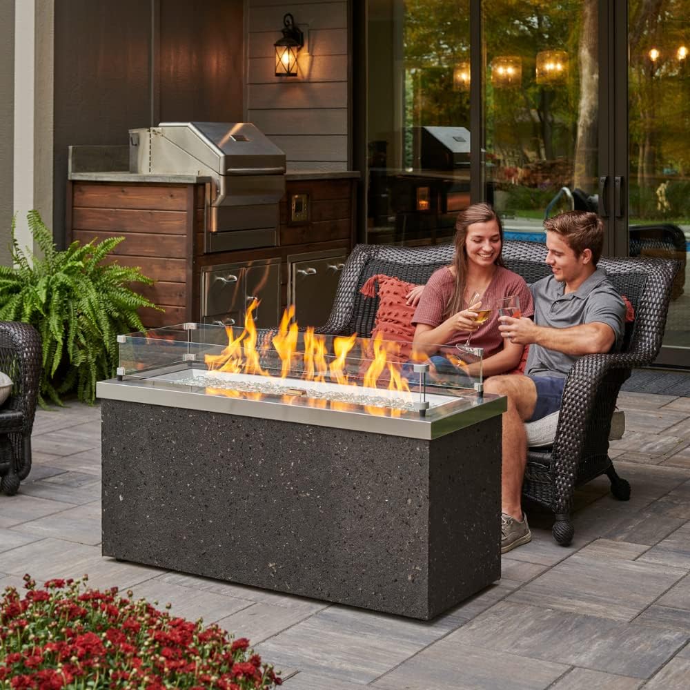 Outdoor GreatRoom Co Propane Fire Pit Table - Key Largo Gas Fire Pits for Outside Patio - 48 Inch Rectangular Stainless Steel Firepit Fire Table, Stucco Base, Glass Tabletop Cover, 80,000 BTU