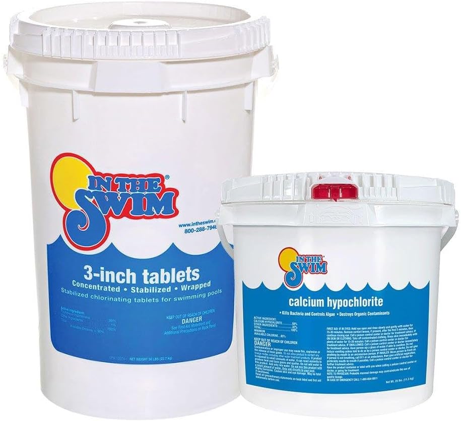 In The Swim Chlorine and Shock Bundle for Sanitizing Swimming Pools – Includes 50 Pound Bucket of 3 Inch Stabilized Chlorine Tablets and 25 Pound Bucket of 68% Cal-Hypo Pool Shock