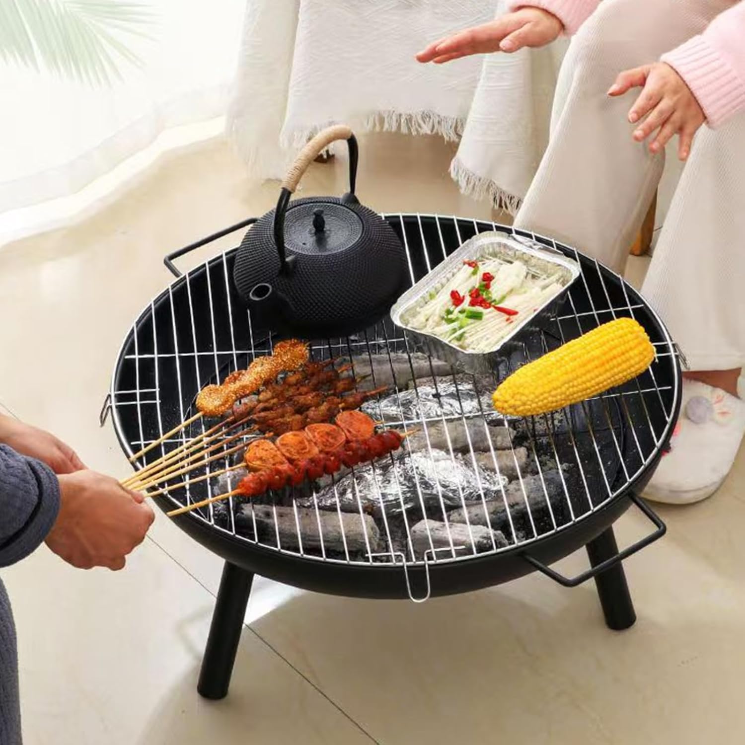 CHRISK 23 Inch Fire Pit with Cooking Grill,Outdoor Wood Burning BBQ Firepit with Lid, 3-in-1 Outdoor Fire Pit for Backyard Deck Bonfire