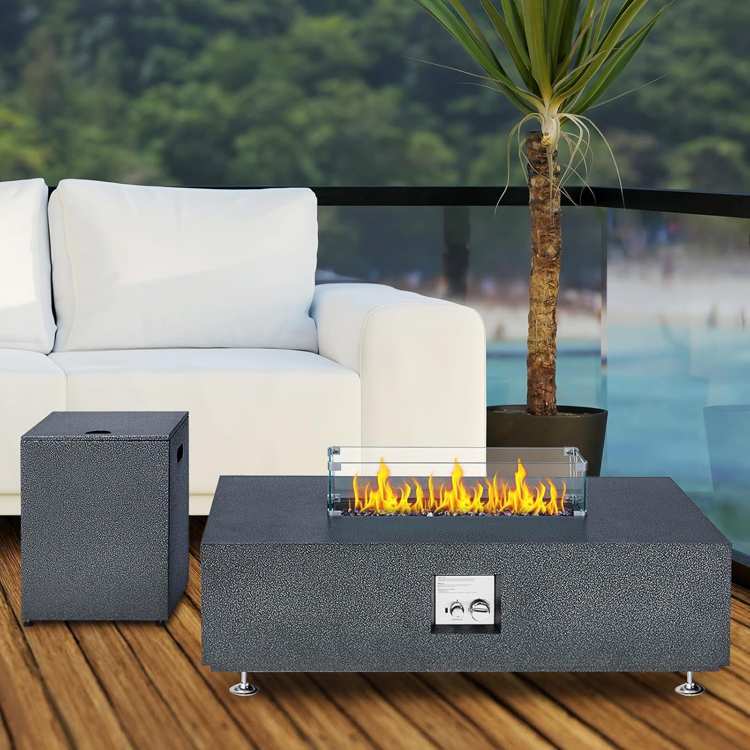 GarveeLife 48 in Outdoor Fire Table, 48 in Rectangle Propane Gas Fire Pit Table, 50,000 BTU Modern Firepit with 16 in Tank Cover Side Table, Wind Guard, Fire Glass, Rain Cover