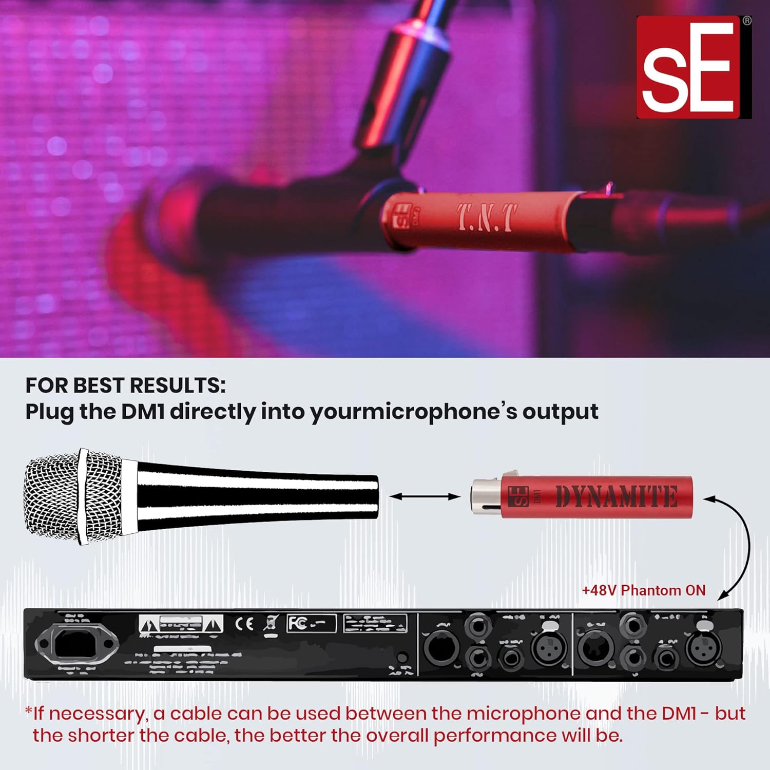 sE Electronics DM1 Dynamite Active In-line Microphone Preamp with 28dB Gain Bundle with 2 20-FT XLR Microphone Cables and 7-Pack Cable Ties
