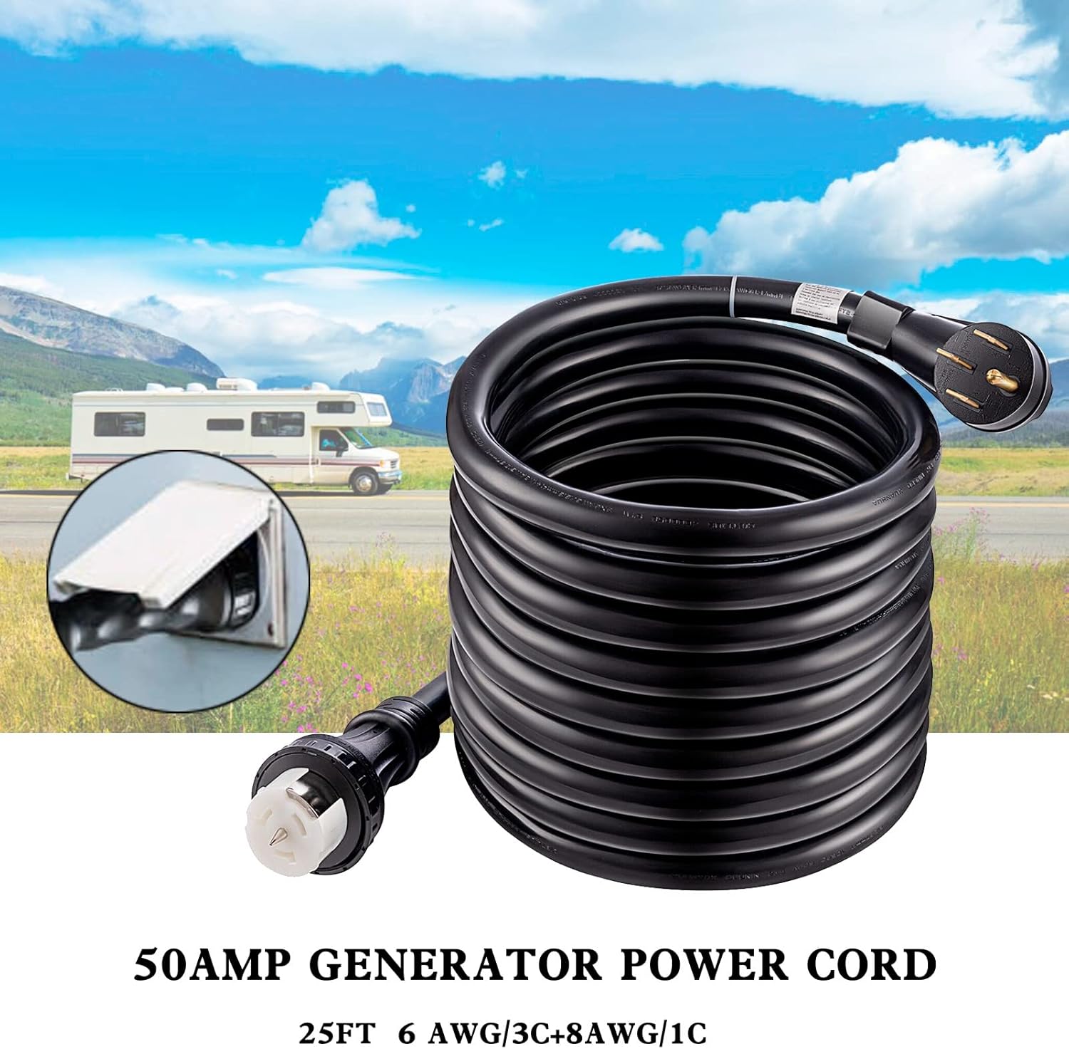Artudatech 50Amp Generator Cord 25FT+Power Inlet Box Waterproof Combo Kit RV Extension Cord