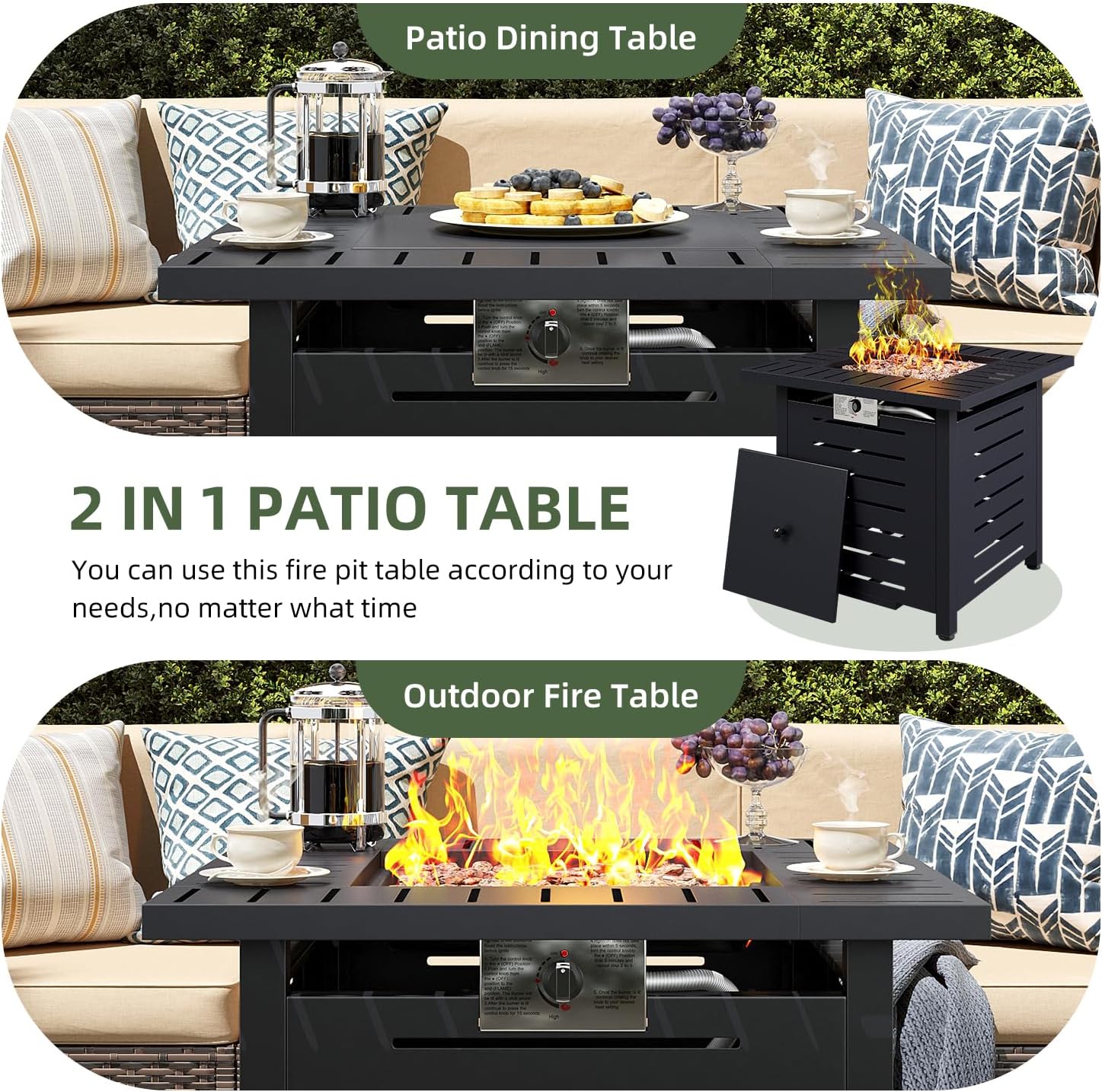 Aoxun 28 Inch Propane Fire Pit – 50,000 BTU Square Outdoor Gas Fire Pit Table for Outside, 2 in 1 Fire Table with Lava Rocks & Lid for Backyard, Patio, Deck, Garden