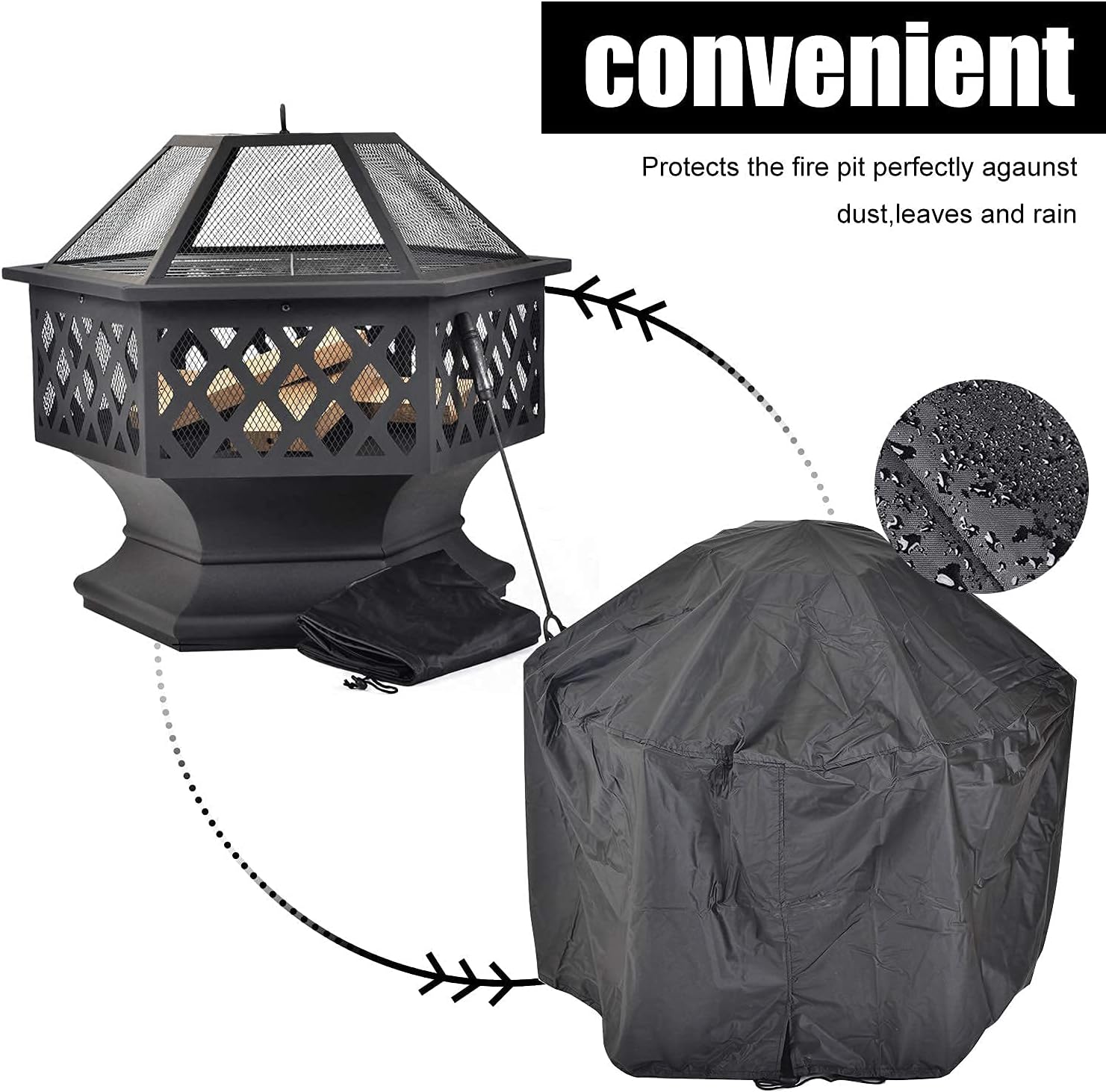 Iron Fire Pits with Poker for Garden,Hexagonal Shaped Metal Fire Pit Garden Stove with Spark Screen and Fireplace Cover for Outdoor Patio Backyard Camping Poolside